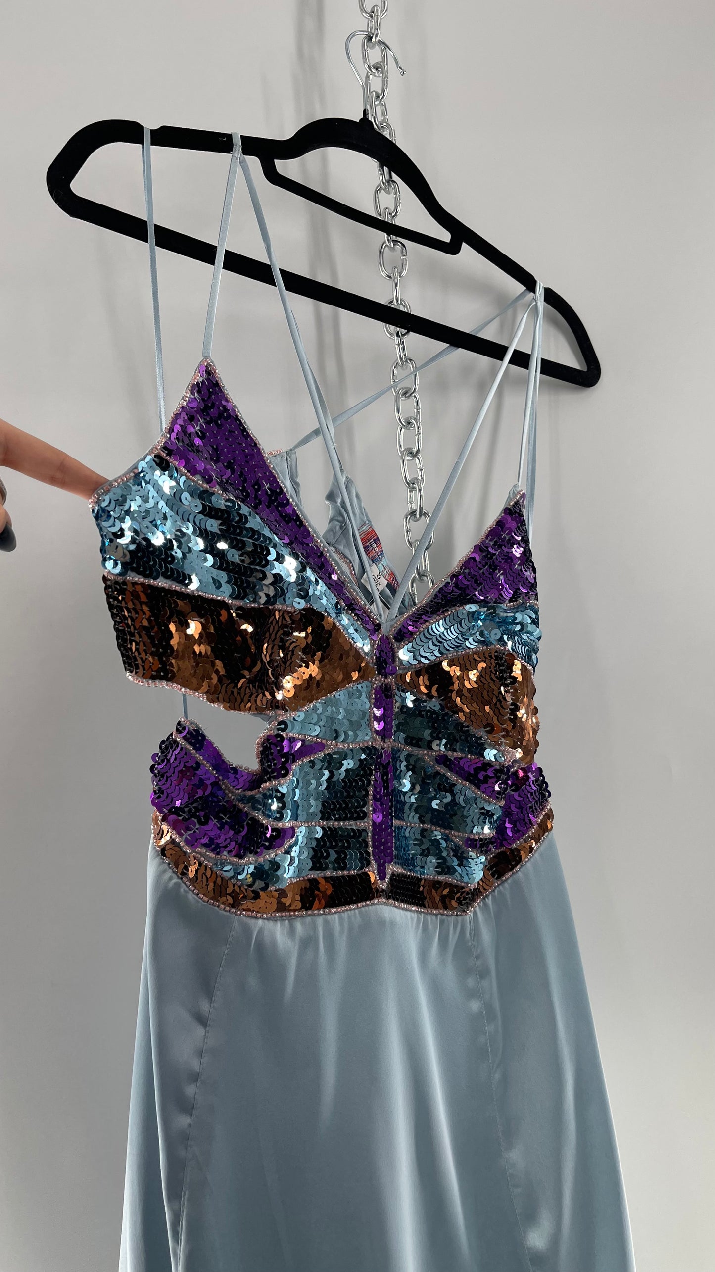 Urban Outfitters Light Blue Satin Butterfly Sequin Size L