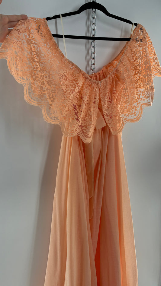Vintage 1960s Ruffled Off the Shoulder Peach Full Length Voluminous Gown with Tie Back (9/10)