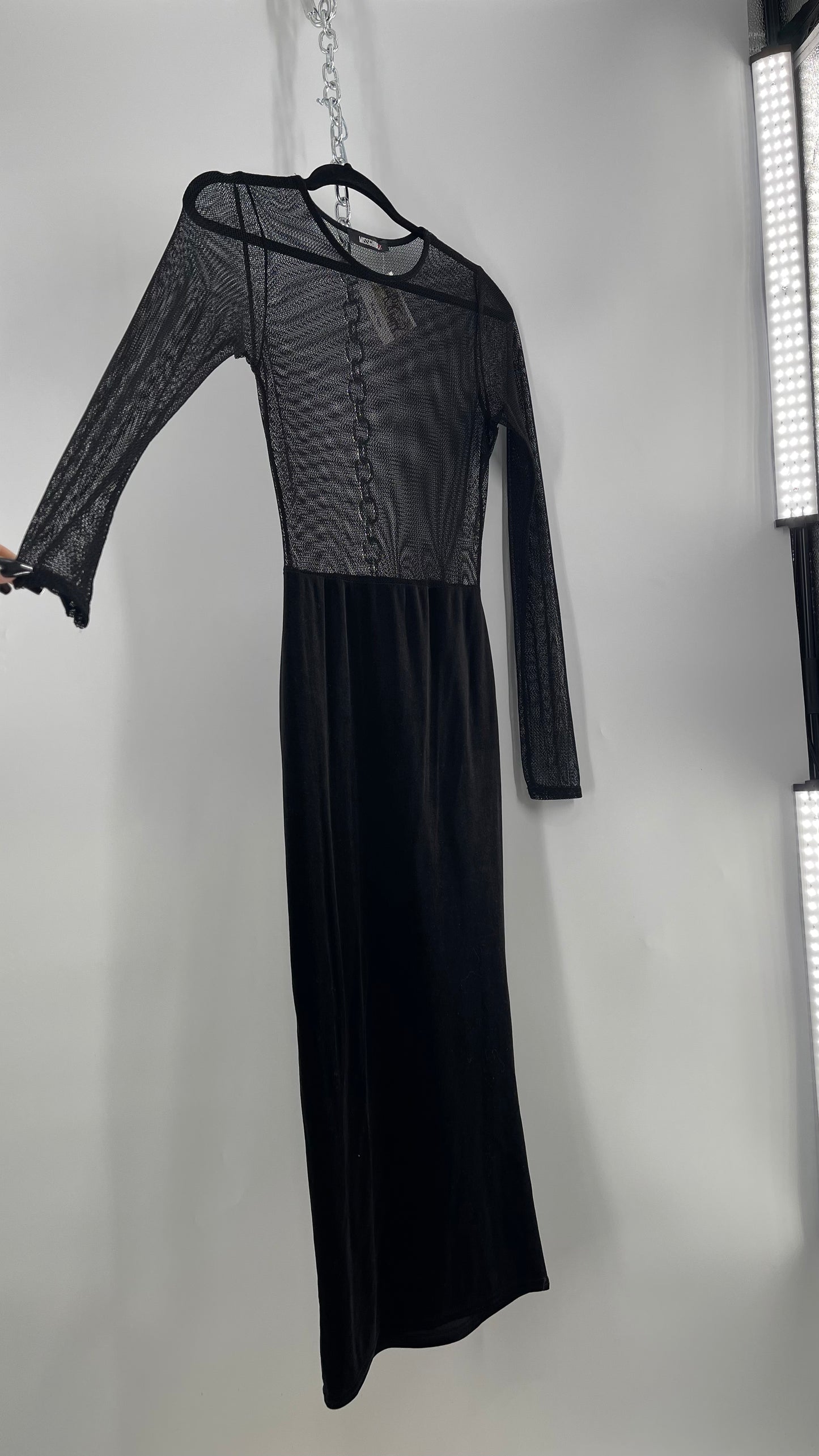 MISSGUIDED Black Midi Bodycon with Velvet Skirt and Mesh Bodice (4)