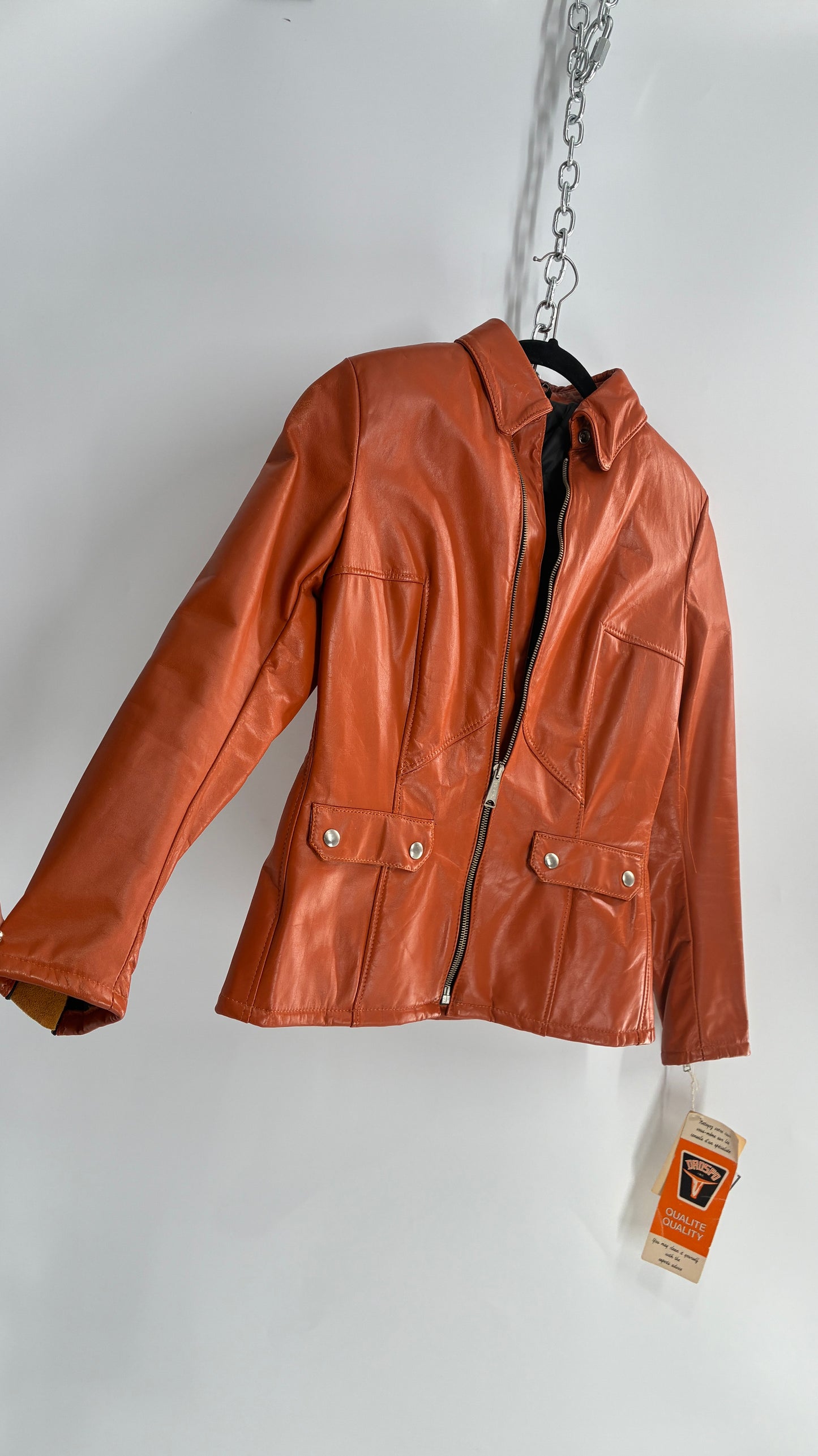Deadstock Vintage 1970s DROSPO Orange Genuine Leather Fitted Jacket (12)