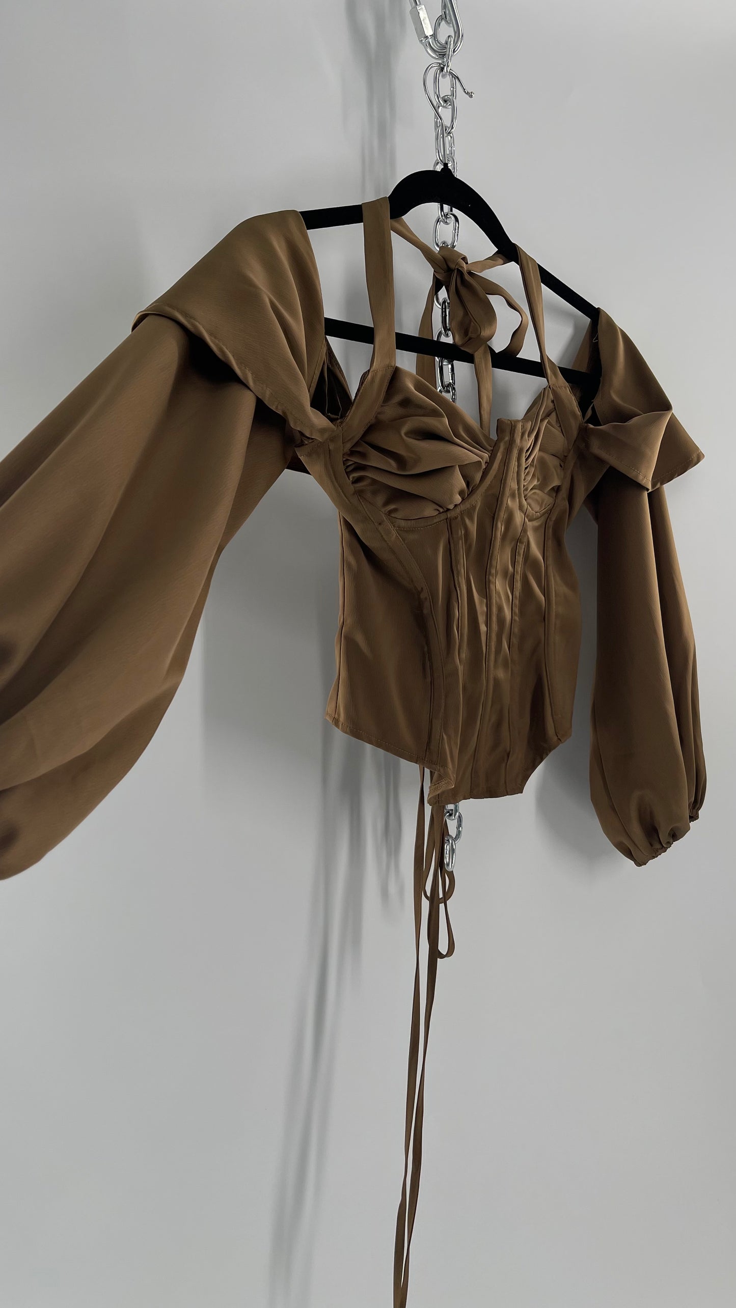 Pretty Little Thing Tan/Gold Corset Blouse with Draped Shoulders, Balloon Sleeves, Halter Strap and Lace Up Back (4)