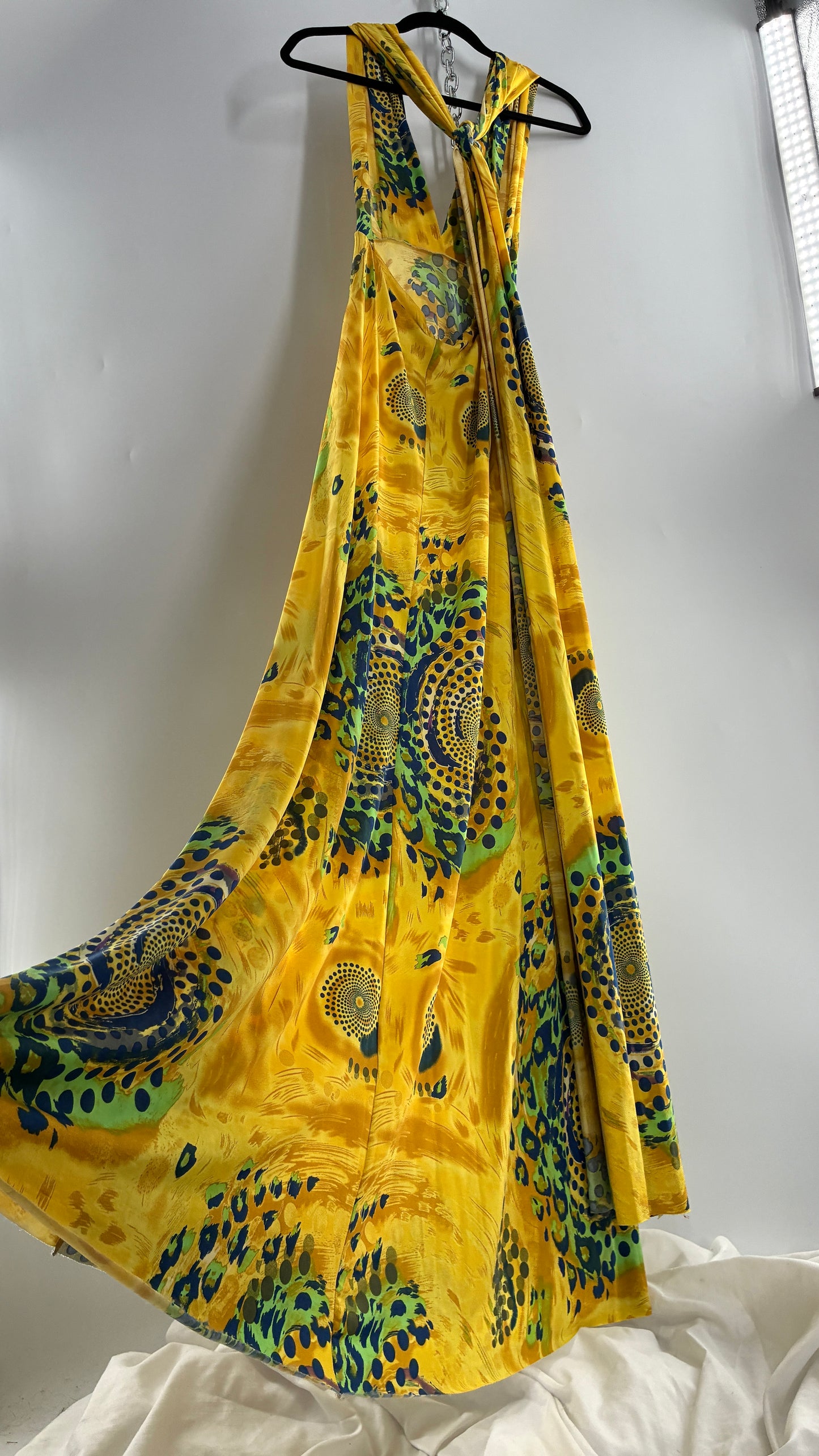 Vintage NARCISA LANG Lycra Full Length, Backless Yellow Dress with Graphic Pattern (XS/S)