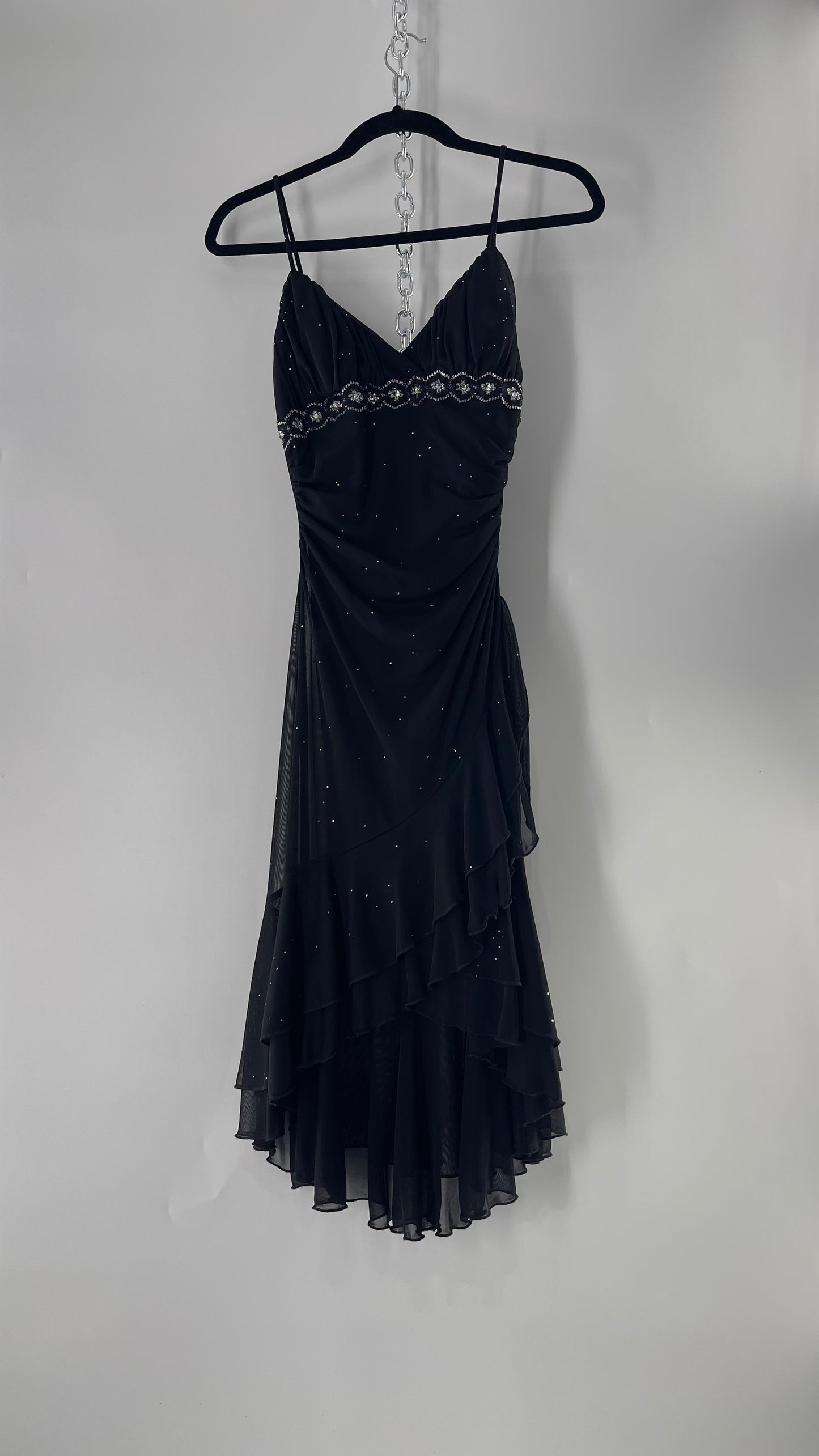 Vintage Taboo Midi Dress with Iridescent Sequins with Lace Underbust Detail, High Low Silhouette and Frills (Medium)