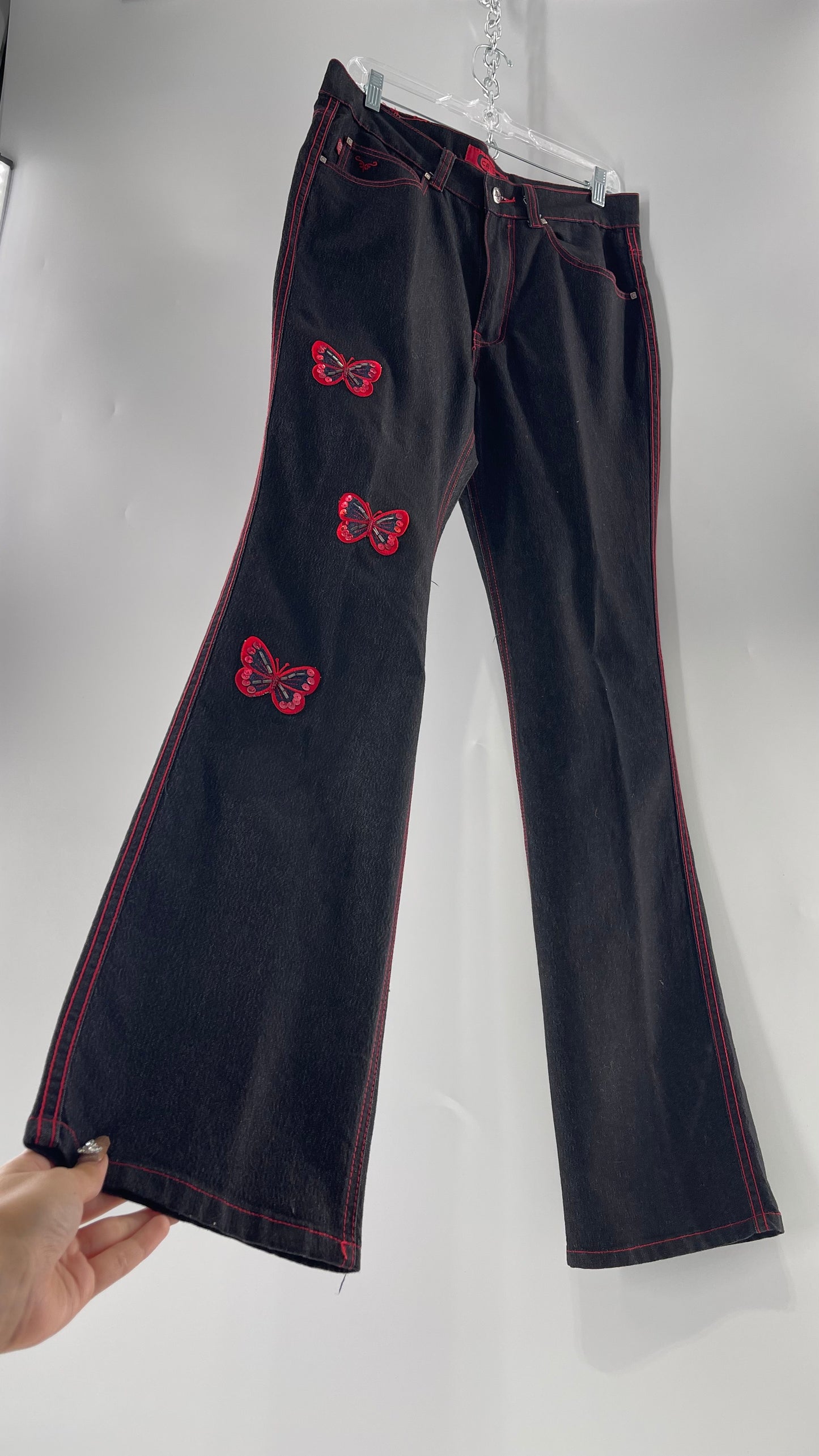 Rare Vintage Black Crest Jeans with Red Contrast Stitching and Butterfly Embroidery on Thigh and Back Pockets (14)
