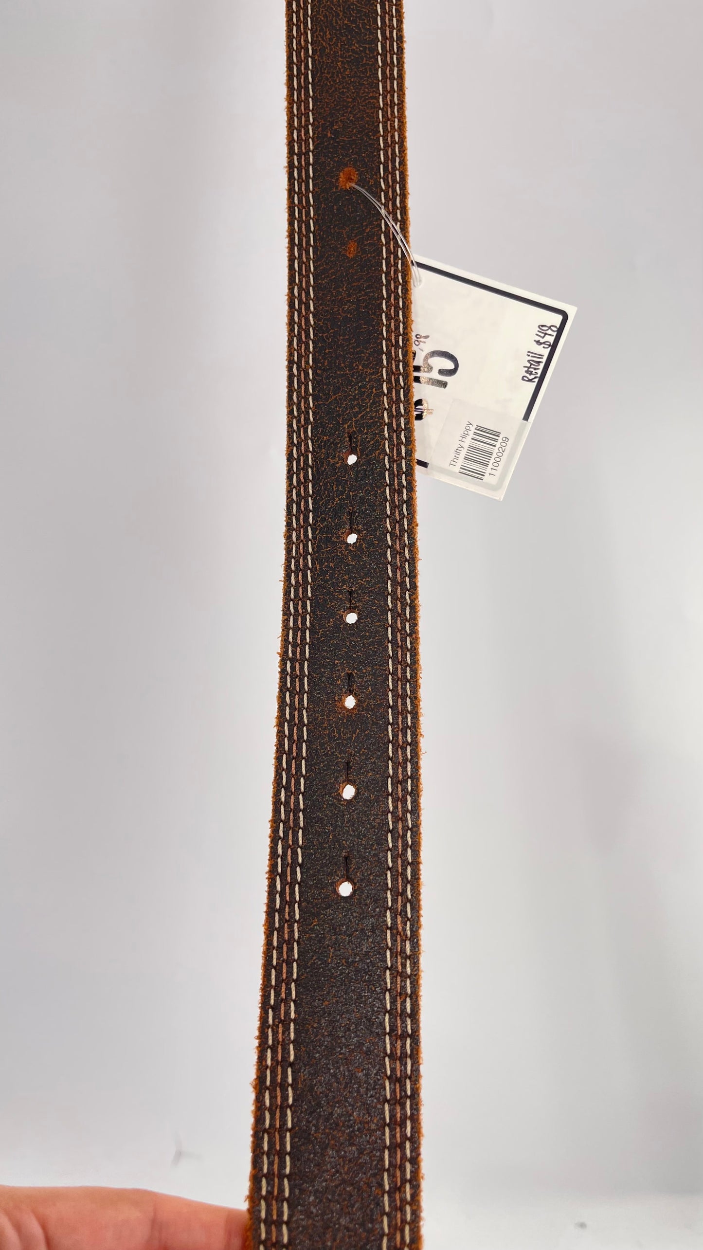 Vintage Belt Shak Brown Leather Belt with Stitching and Embossed Silver Metal Buckle (M)