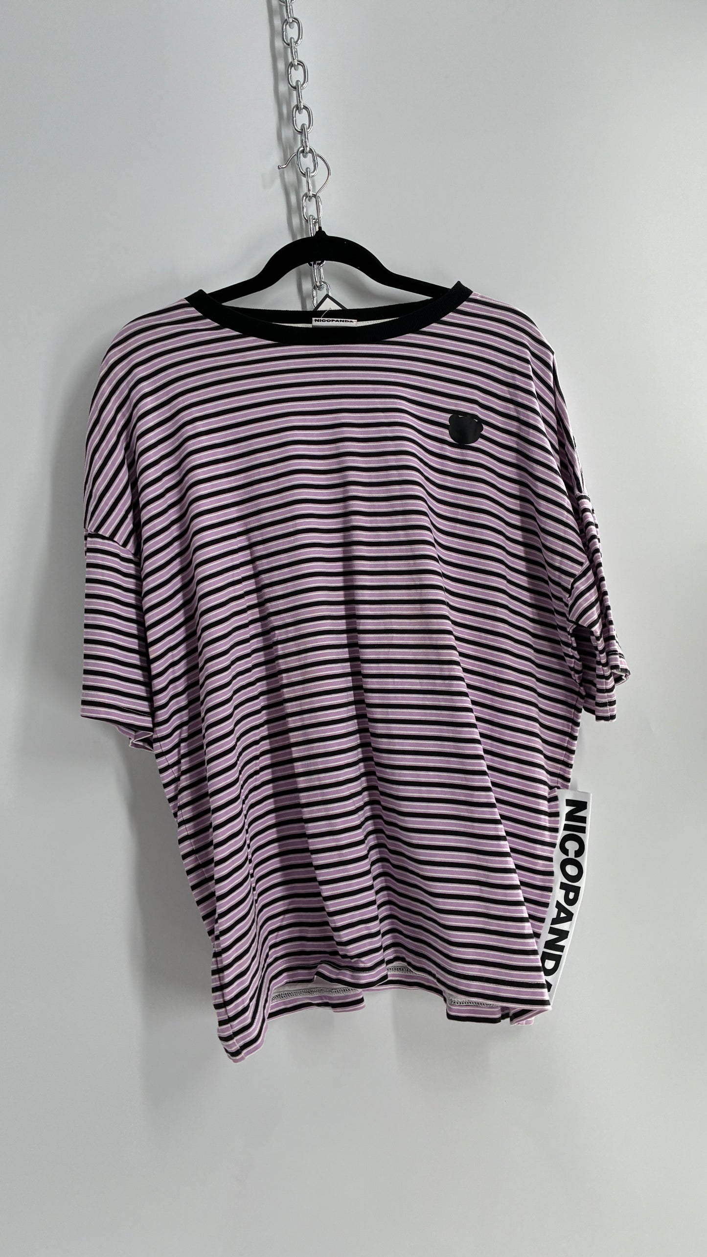 NICOPANDA Purple Black Striped Oversized Boxy T Shirt (Large)