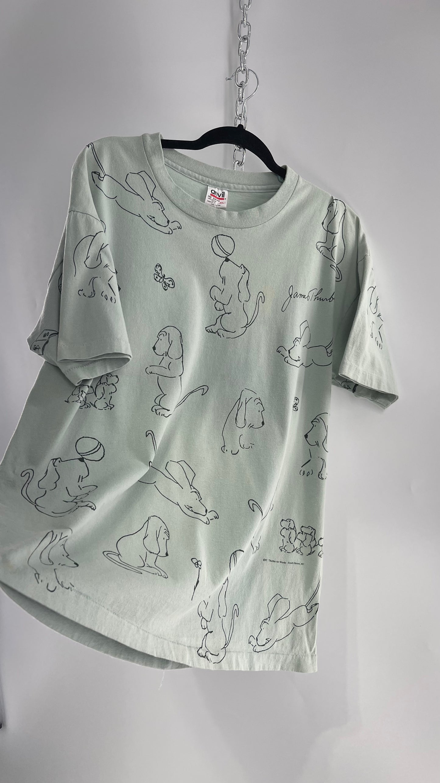 Vintage James Thurber Light Sage Nostalgic Puppy Doodle Comic Sketch T Shirt (XL)