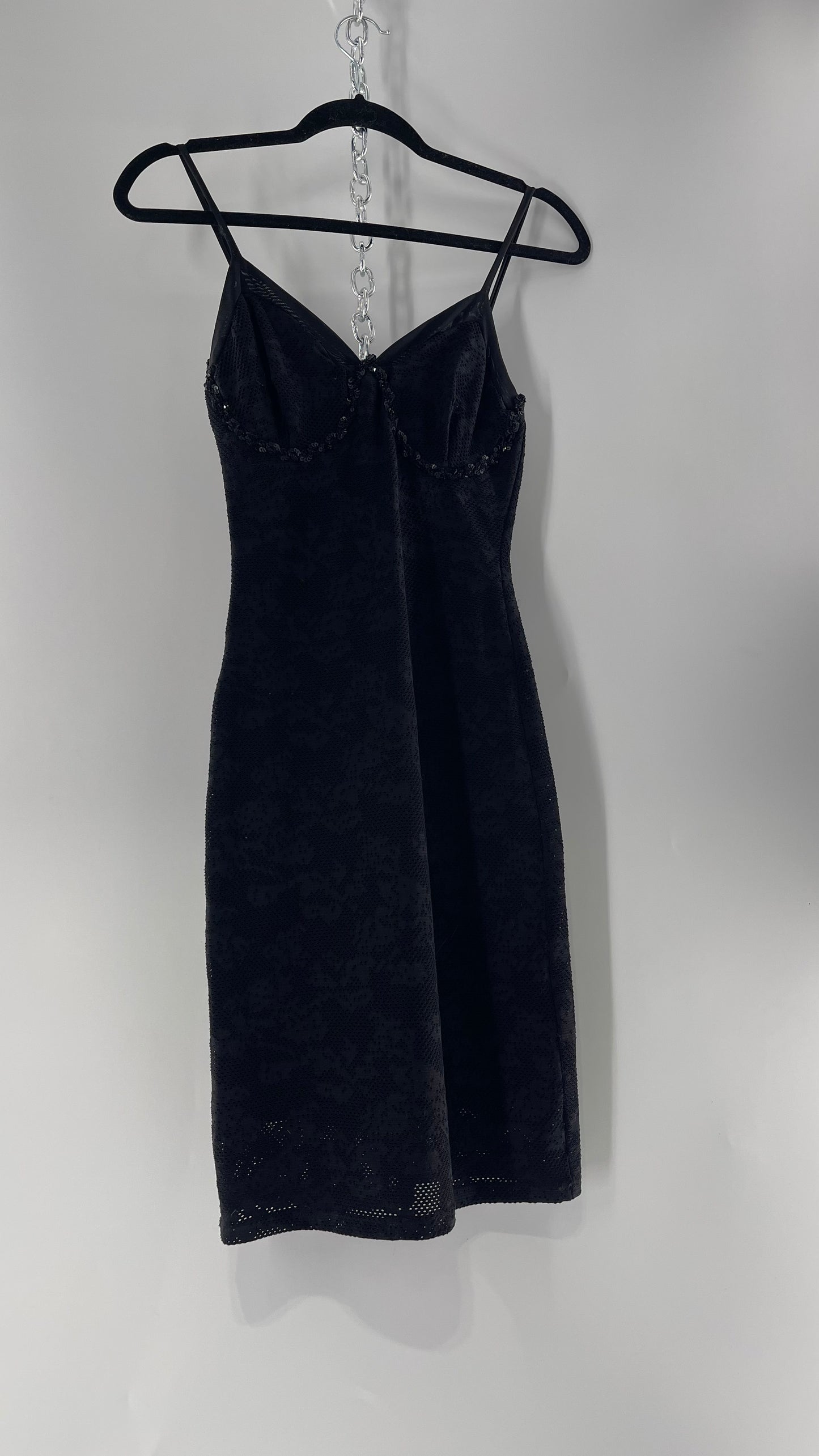 Vintage Black Lace Bodycon Dress with Sequin Underbust Detailing (XS)