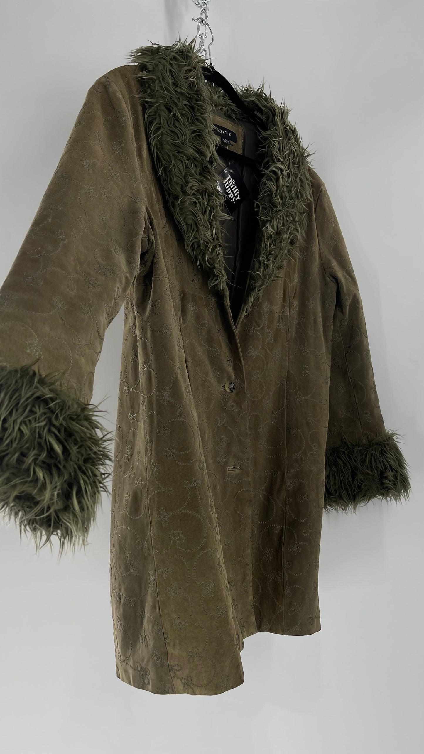 Vintage STATIC Embroidered Genuine Leather Coat with Fur Cuffs and Collar (C) (XL)