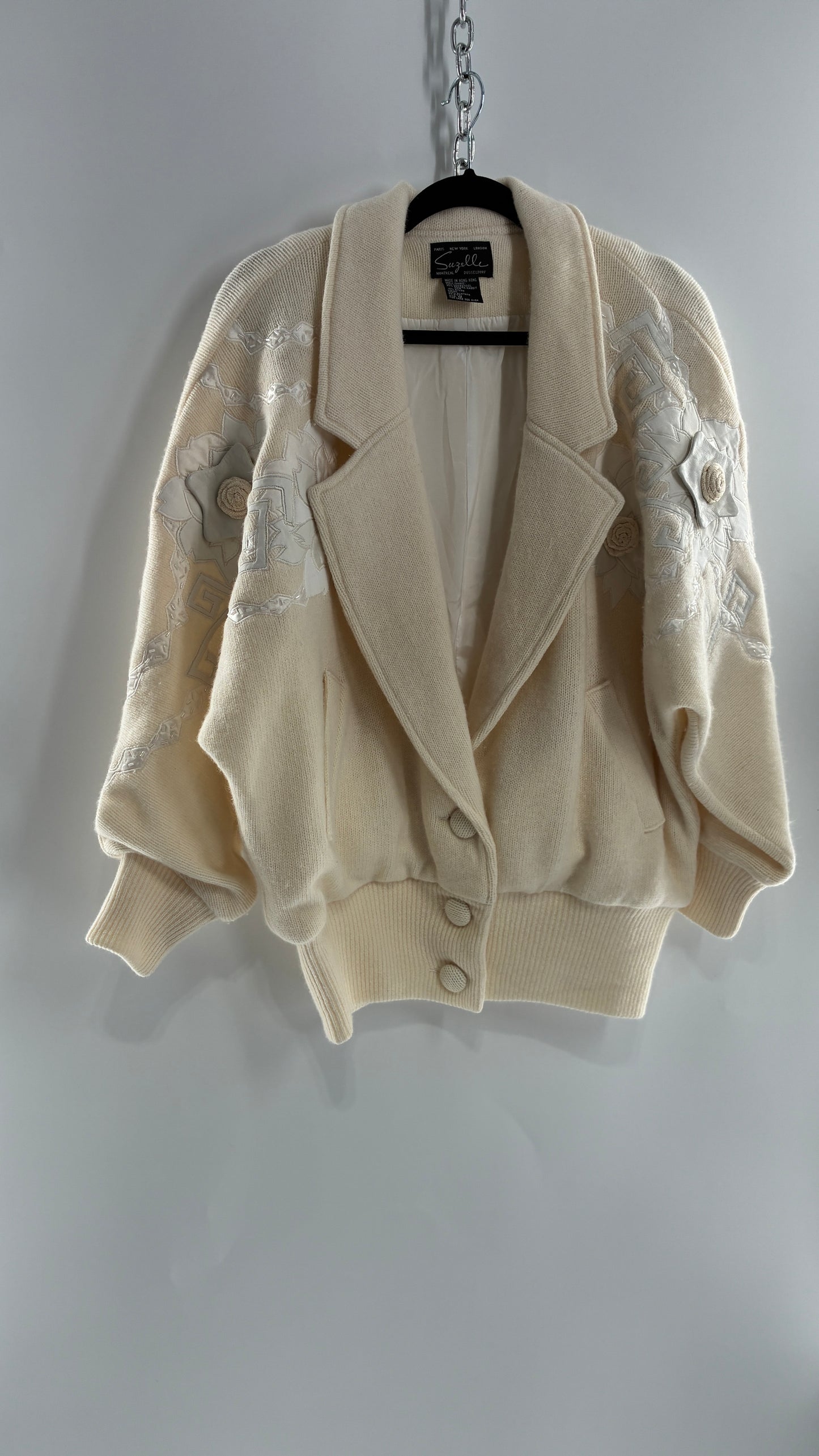 Vintage SUZELLE 70% Lambswool, 20% Angora Rabbit Off White Woven Bomber Jacket with Leather Flower Appliqués (Medium)