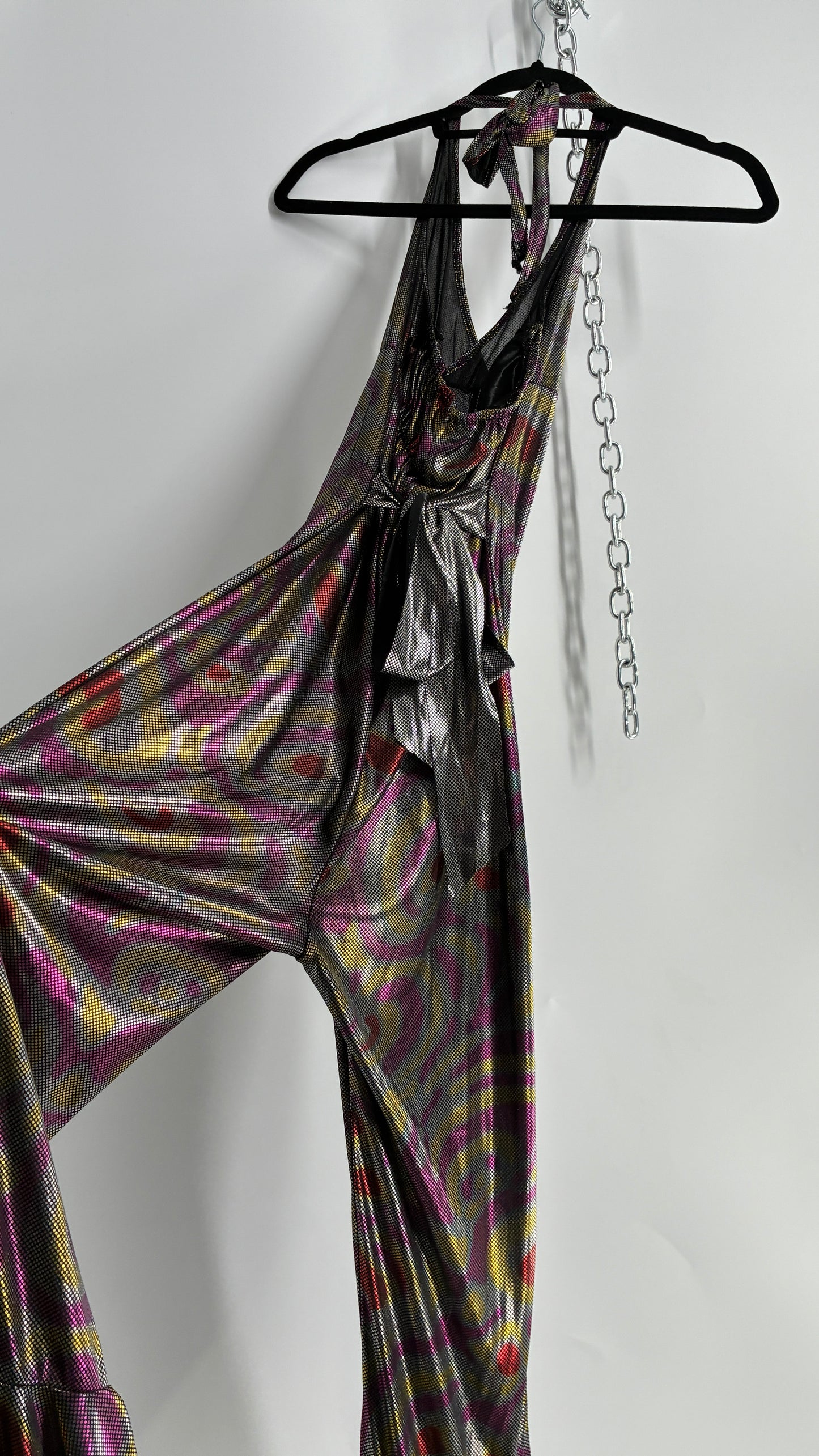1970s Style Bell Bottom Psychedelic Metallic Jumpsuit with Waist Cinching Back Ties (S/M)