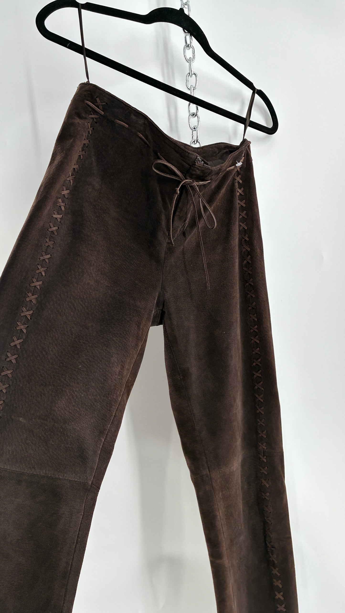 Vintage FOR JOSEPH Low Rise, Chocolate Brown Suede Pants with Leather Stitch Sides and Bow Closure (28)