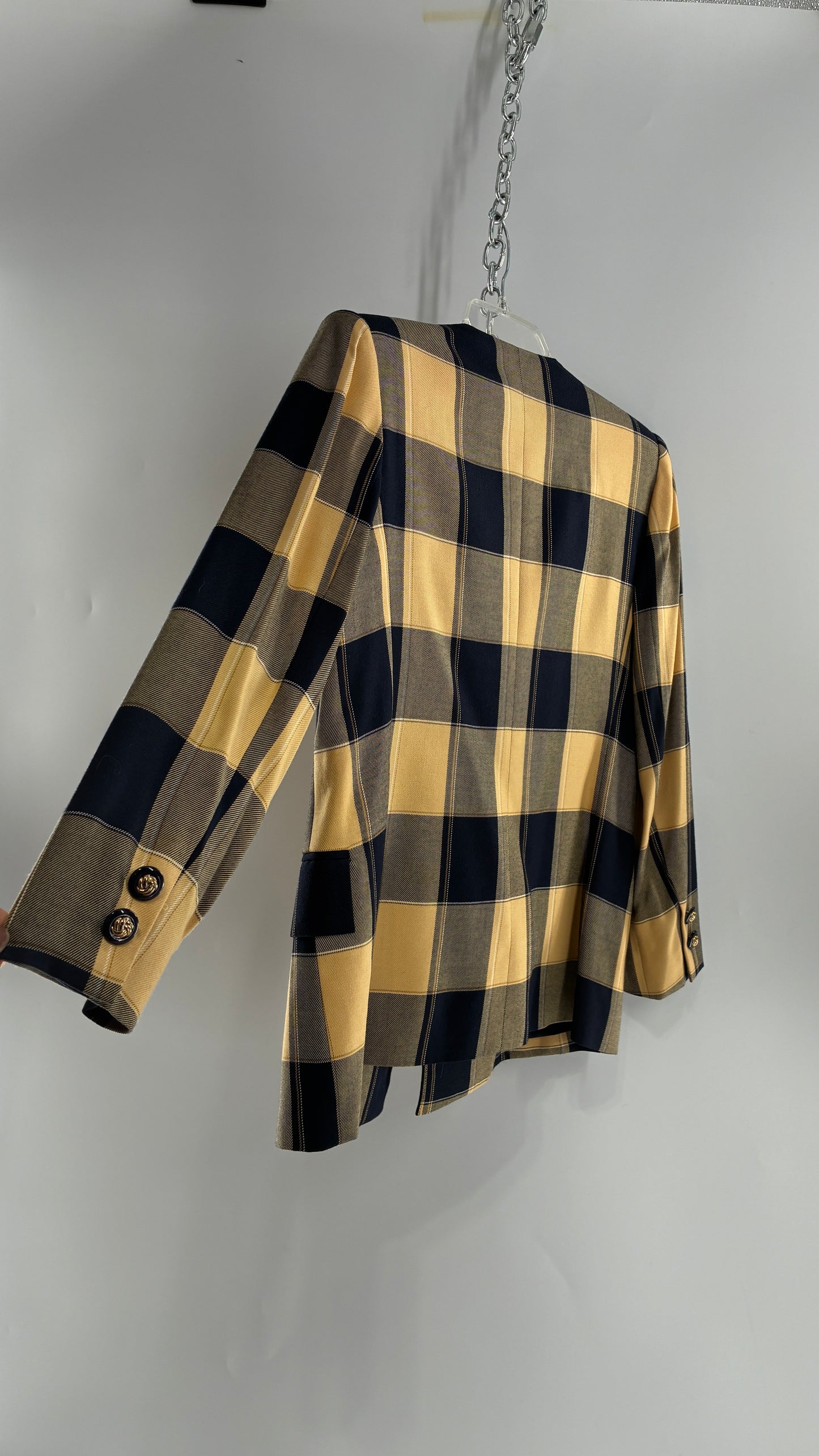 Vintage Suit Set with Yellow Plaid Double Breasted KASPER A.S.L Blazer and Upcycled Wool Mini Skirt (6)