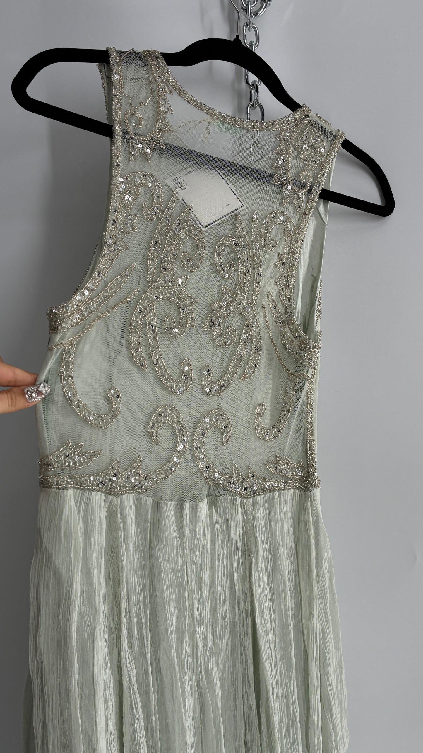 KIMCHI BLUE Light Greyish Seafoam Green Crimped Gown with Beaded Bodice and Sheer Back (2)
