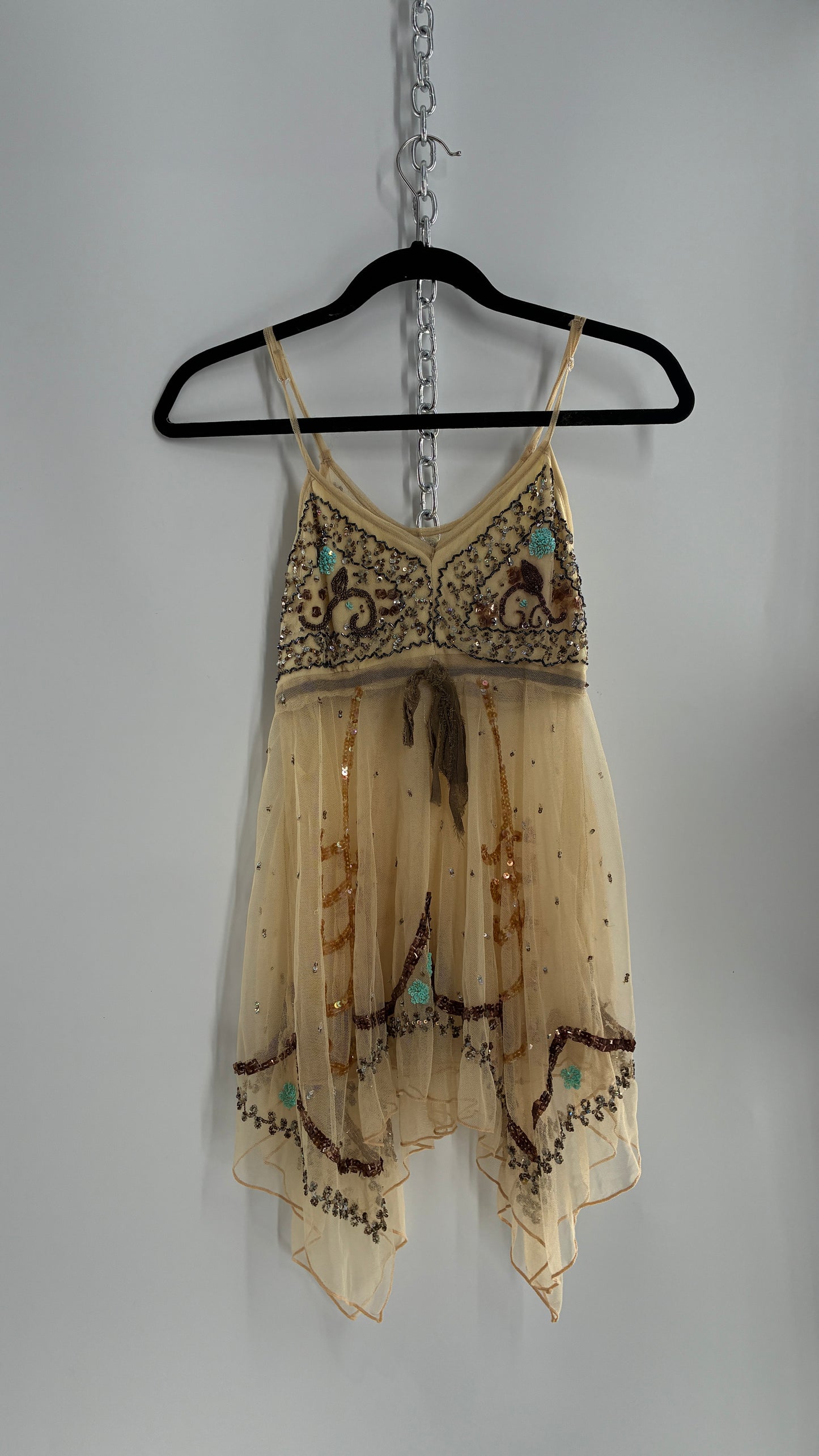 Handmade Beige Handkerchief Camisole with Hand Beaded Details (XS)