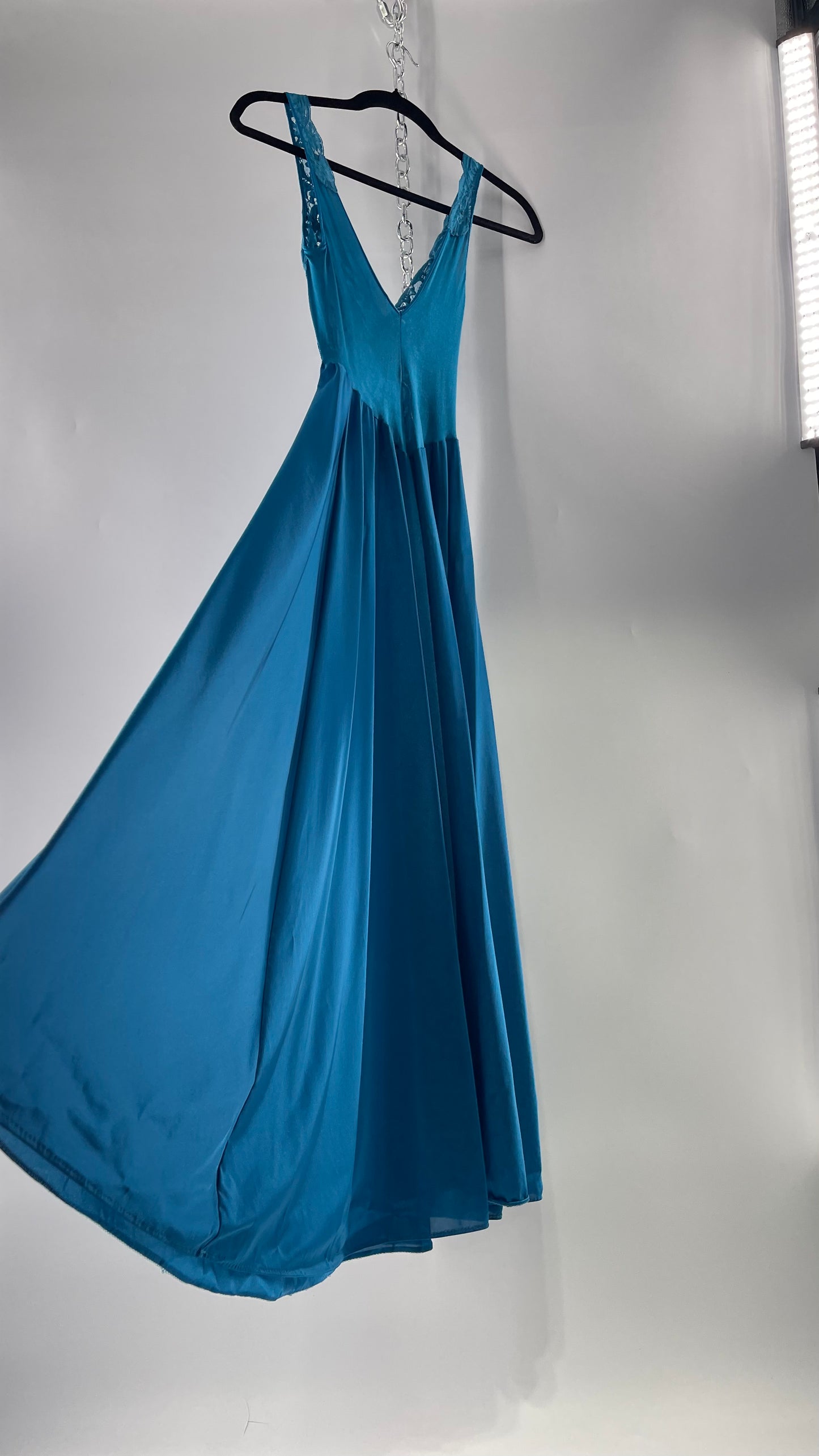 Vintage Olga Intimates Floor Length Voluminous Blue Jewel Toned Maxi Dress/Night Gown with Lace Bust (Small)