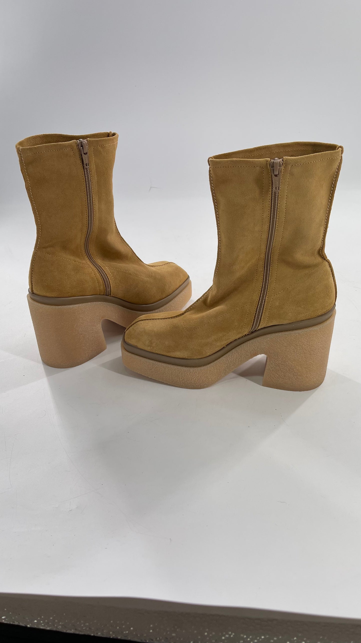 Free People Gigi Tan Suede Ankle Boots with Platform and Chunky Rubber Heel (38.5)