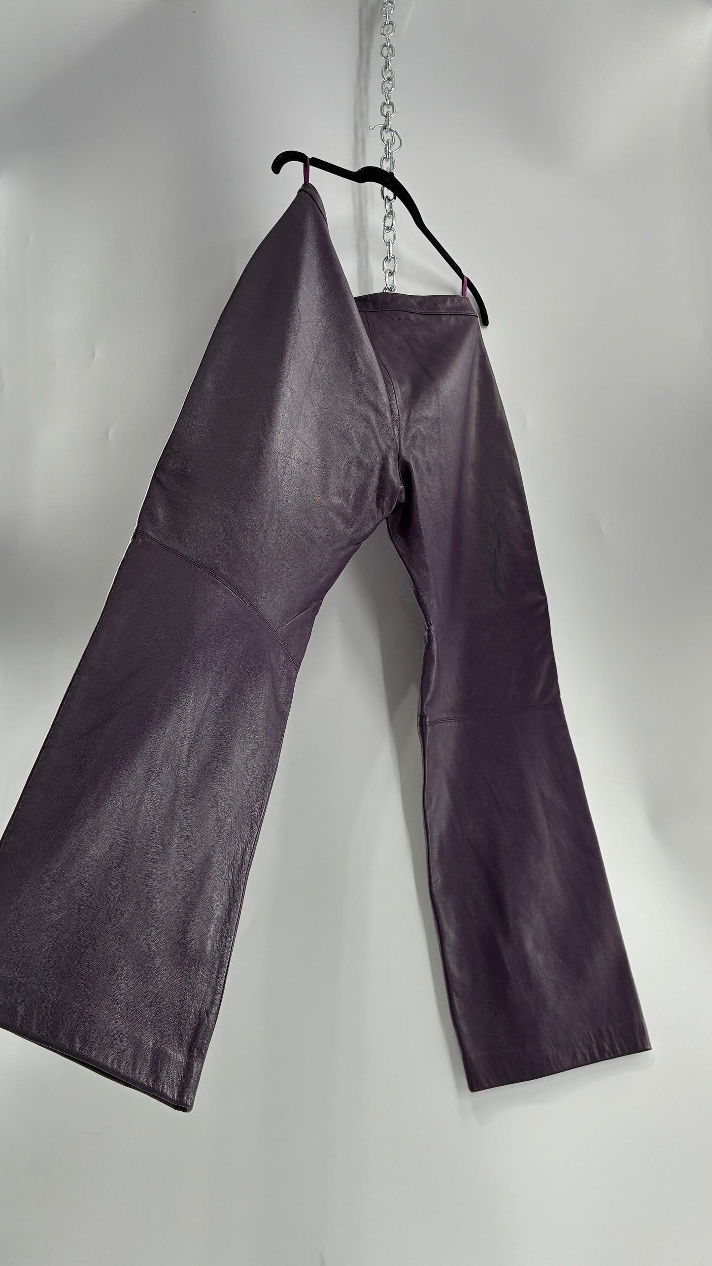 Vintage SHIN CHOI Genuine Italian Leather Purple Side Closure Low Rise Pants (12)