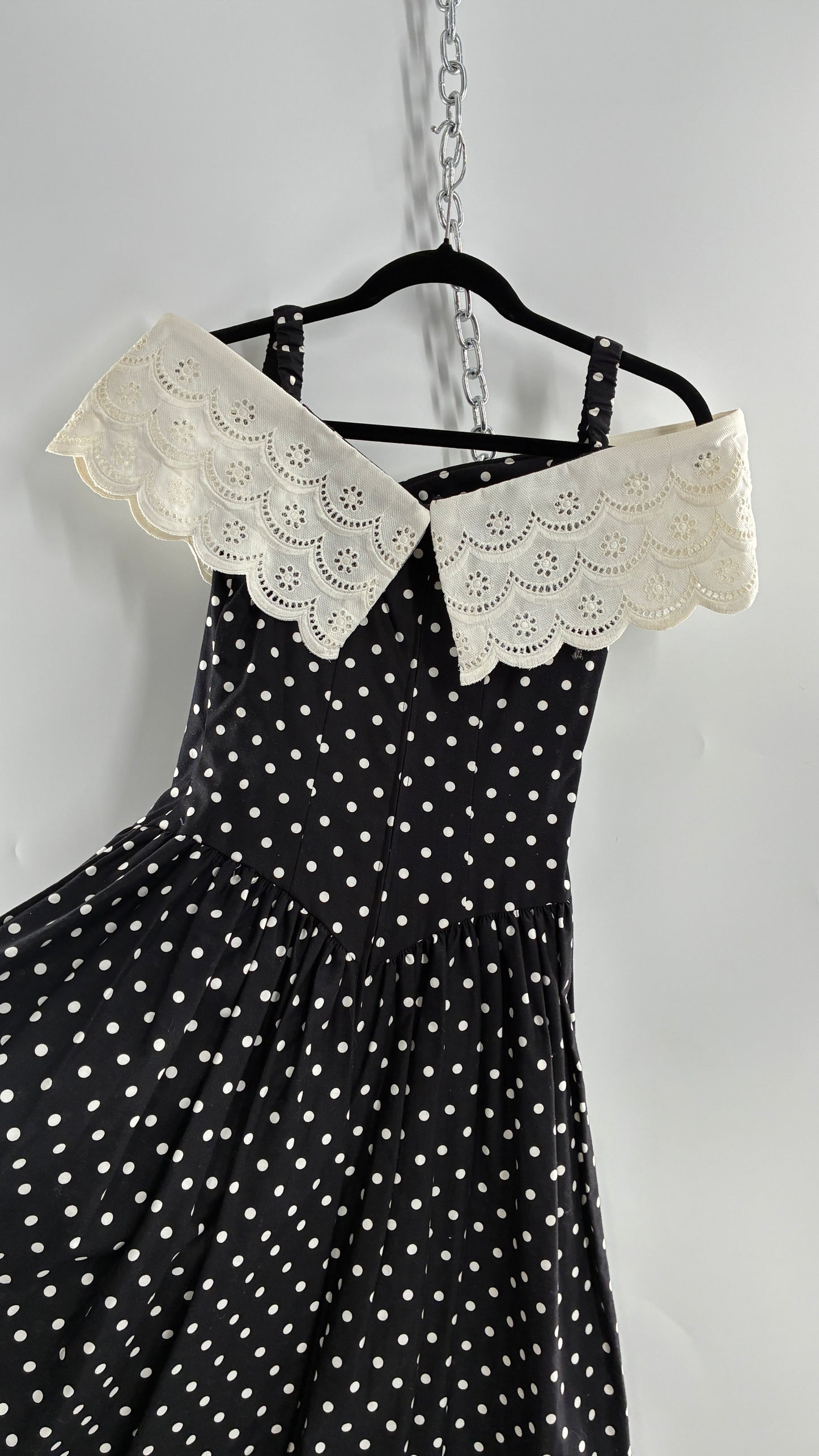 Vintage Handmade Black and White Polka Dot Pointed Waistline Gown with Off the Shoulder Stiff Lace Straps and Rosette Detail (8)