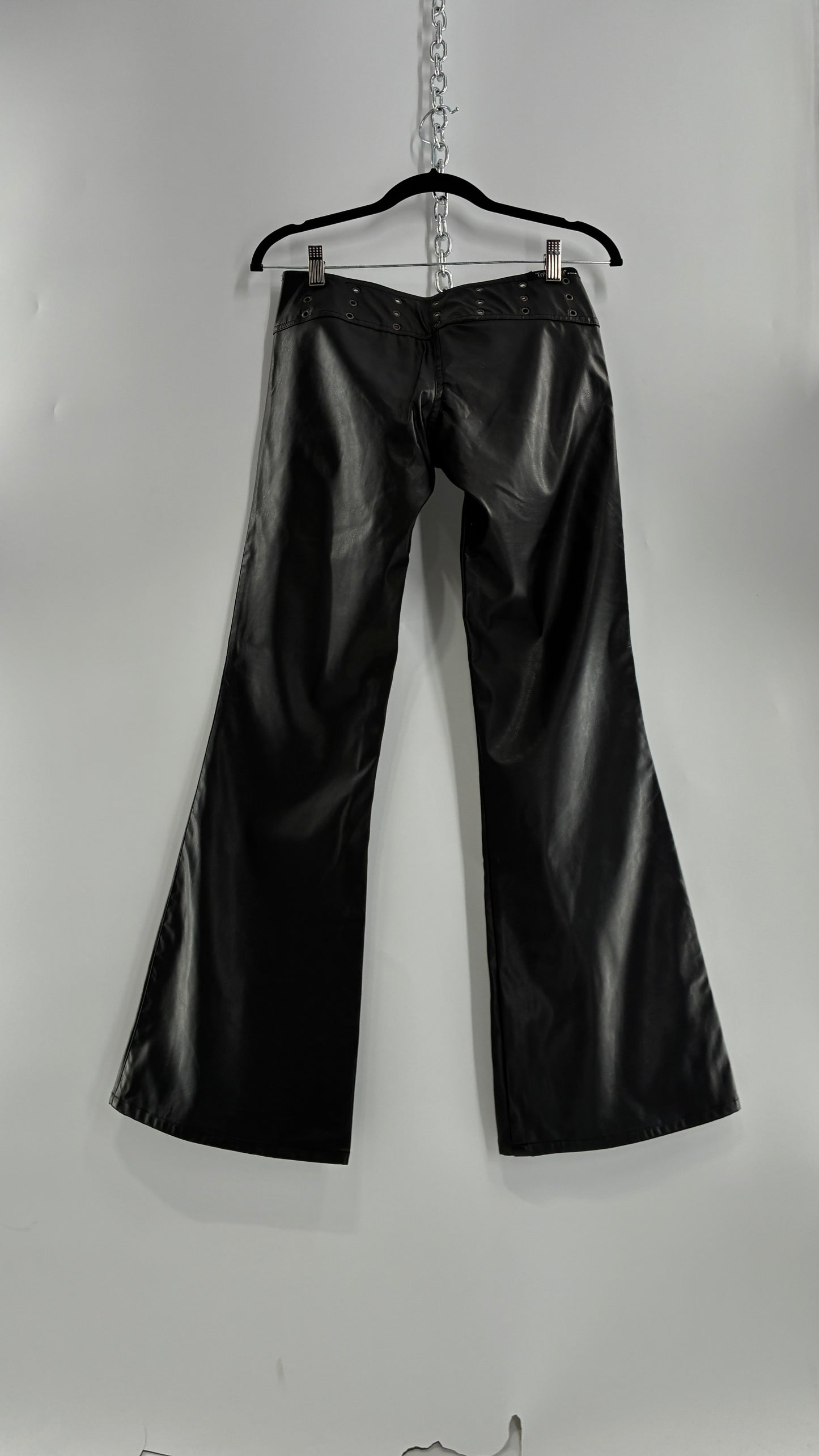 Vintage Toba&Co Tobacco Faux Leather Low Rise Zip Front Kick Flares with Wide Grommet Covered Bronze Circle Buckle Belt (S)