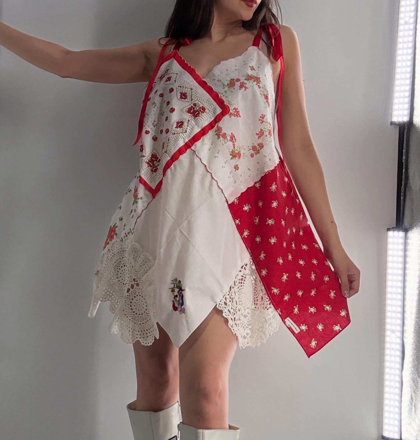 Vintage Red Handmade Handkerchief Backless Mini Dress (XS-L)