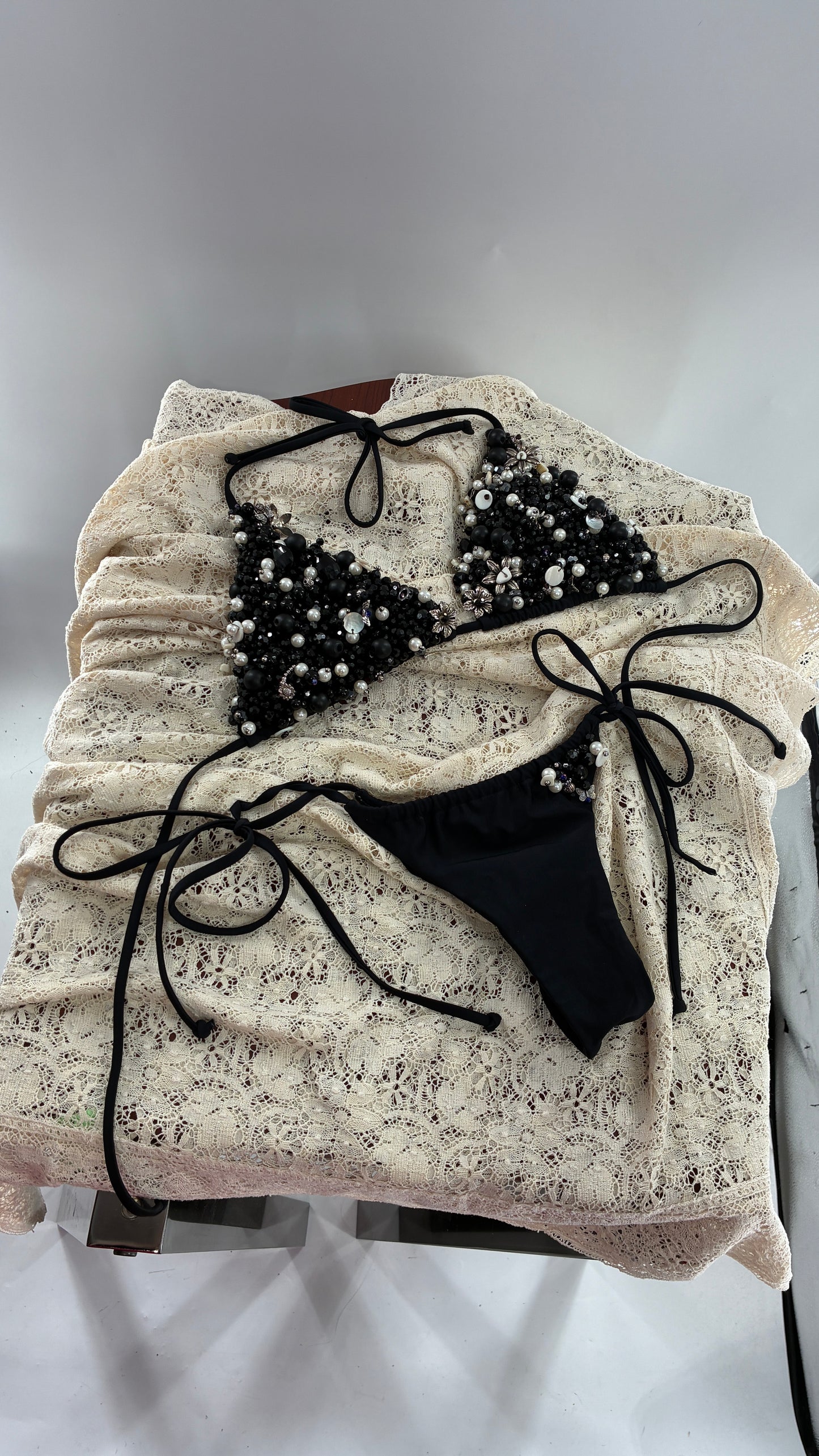 CUSTOM 1/1 Black Swimsuit Covered in Hand Placed and Sewn Beads, Charms, and Gems (MEDIUM)