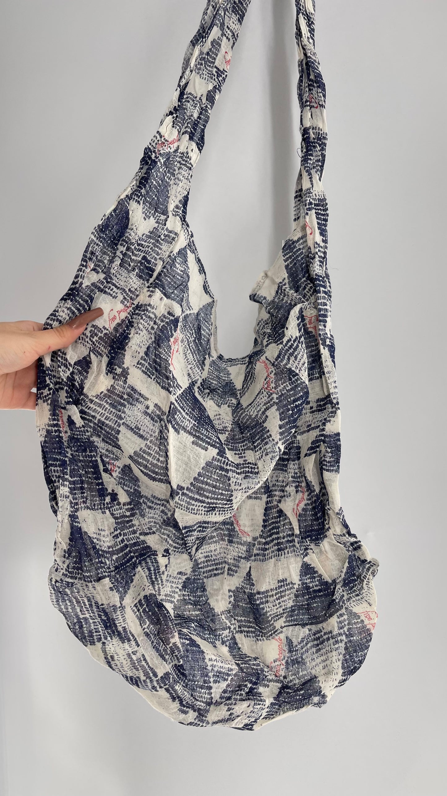 Free People Navy White Patterned Cotton Tote
