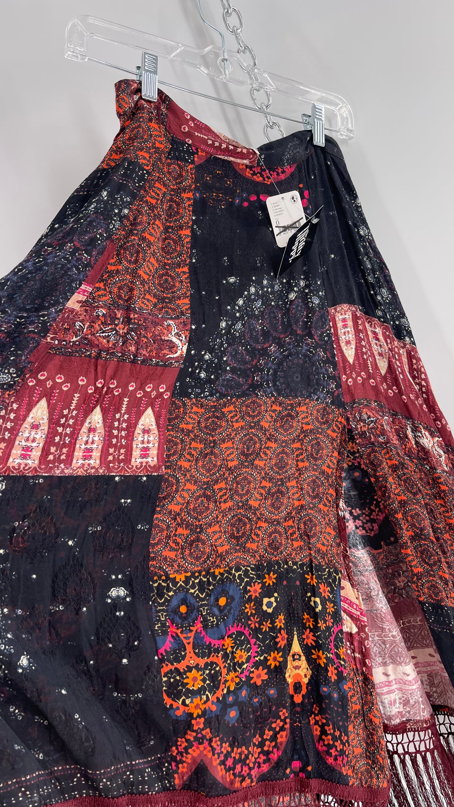 Free People Burgundy Satin Patchwork Patterned Fringe Full Length Skirt with Embossed Symbols and Side Slit Tags Attached (0)