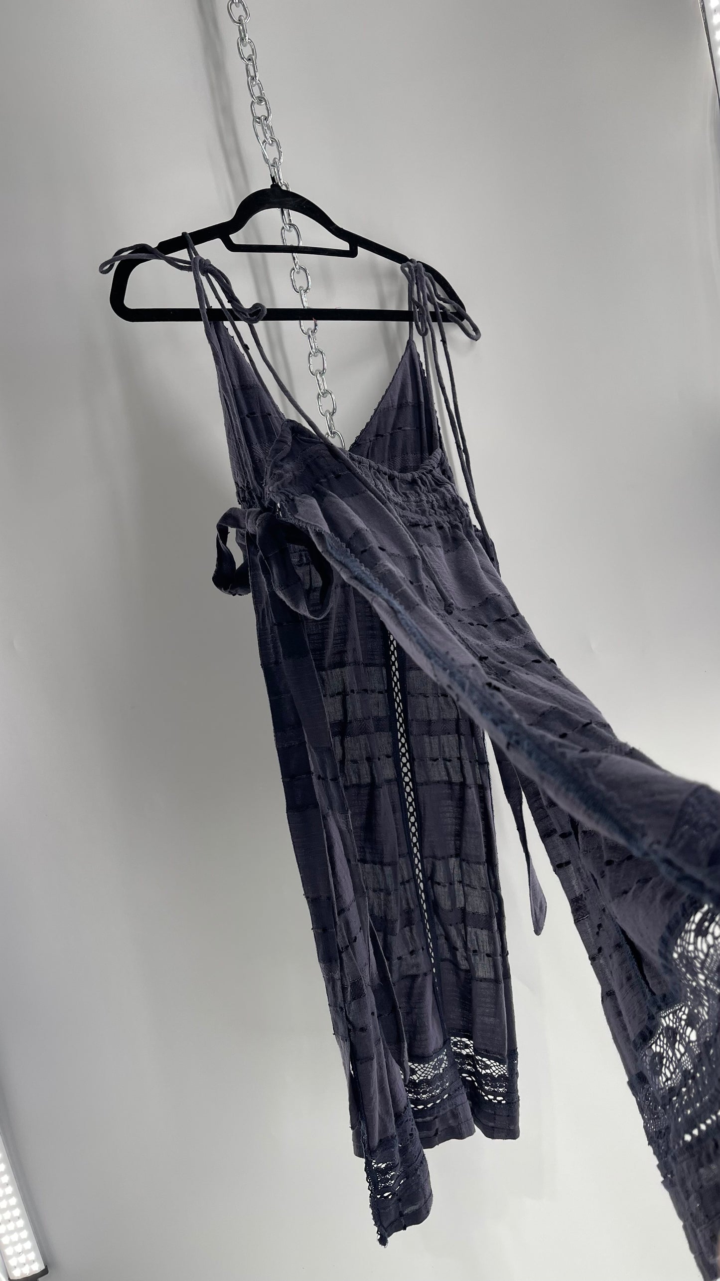 Free People Navy Blue Cotton Lace and Embroidered Open Tie Side Dress (M)