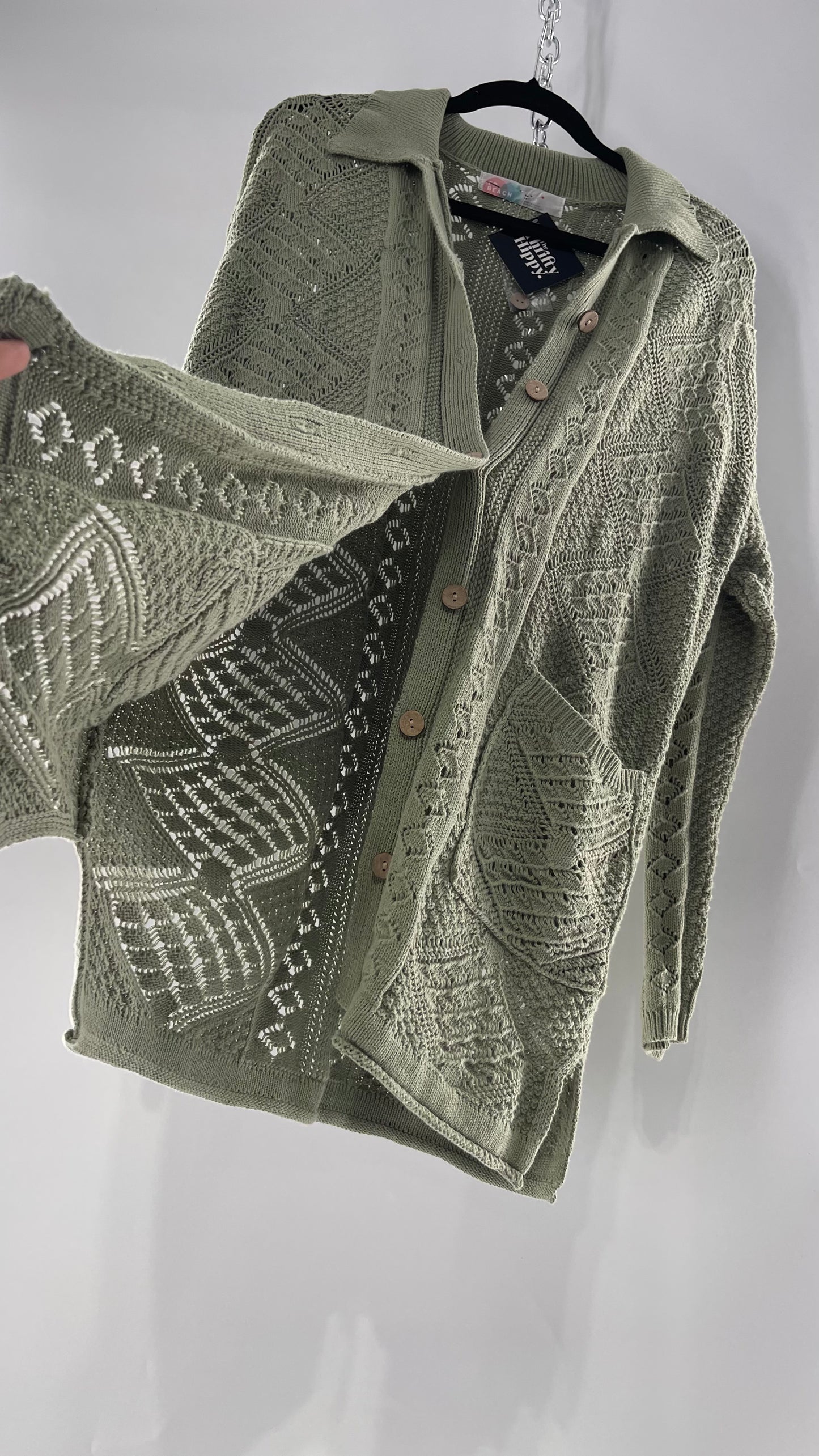 Free People Beach Sage Green Crochet Wooden Button Front Cardigan and Wide Leg Set (Medium)