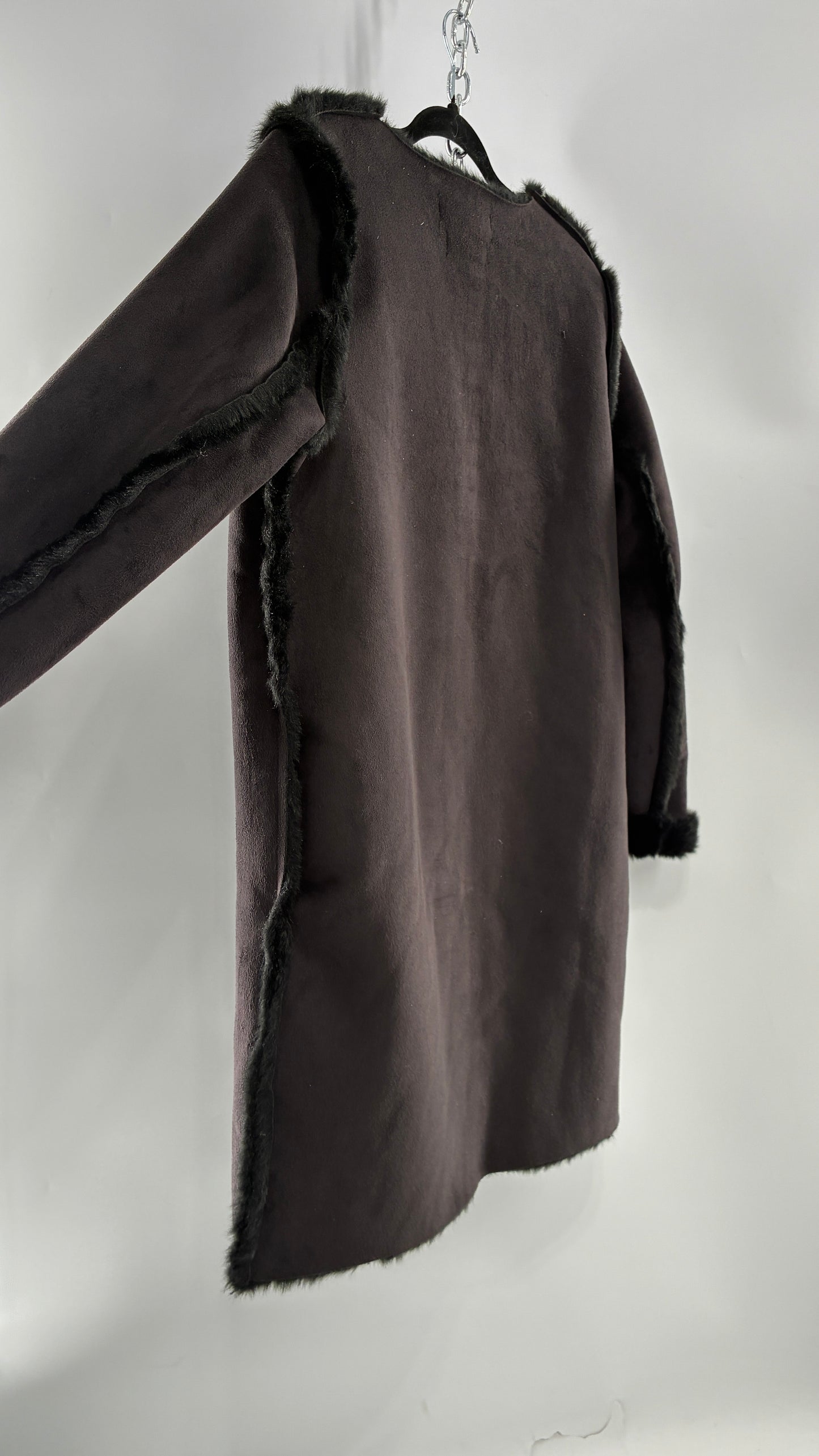 Vintage H&M Black Faux Suede Coat with Faux Fur Piping (12)
