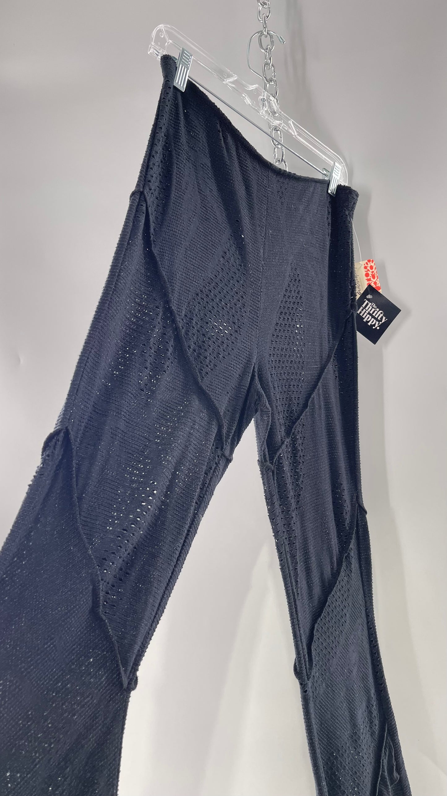 Free People Black Midnight Grey Mixed Pattern Kickflares with High Low Hem, Exposed Seams and Distressing Tags Attached (Medium)