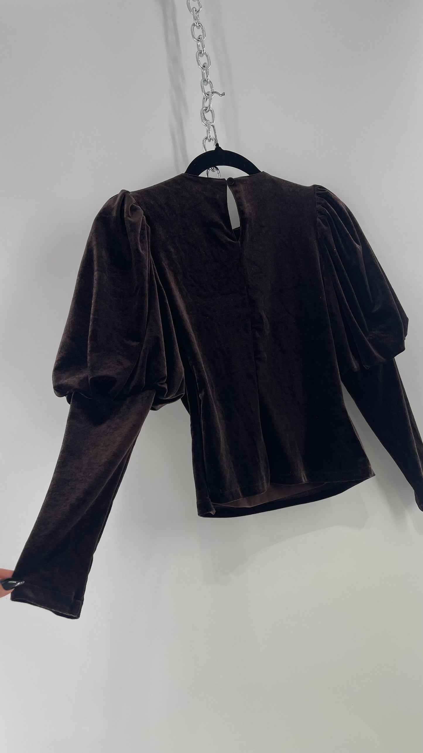 Anthropologie Sundays in Brooklyn Dark Brown Puff Shoulder, High Neck, Juliette Sleeve Blouse (XXSP)