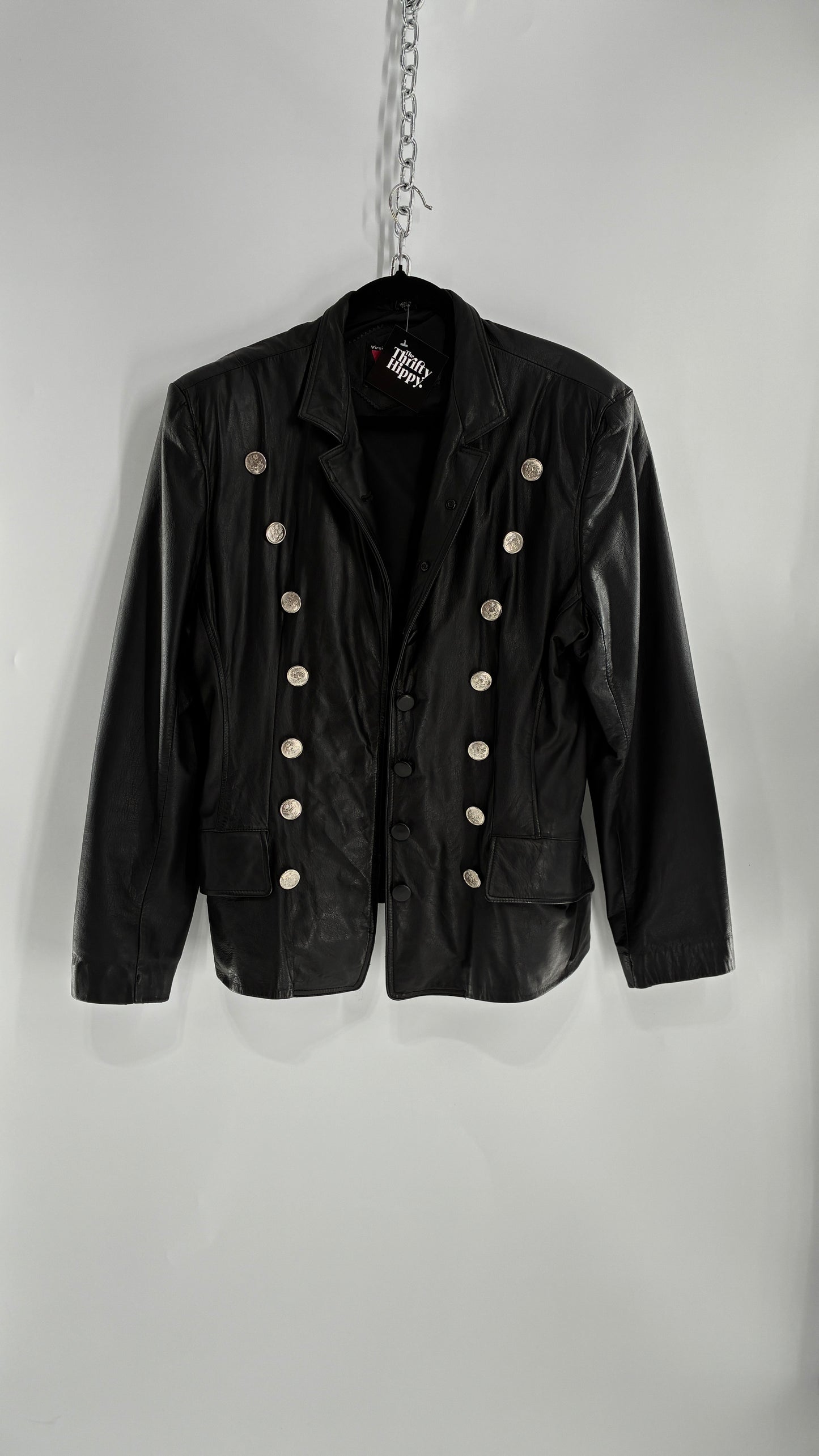 Vintage Virginia Slims Black Genuine Leather Military Jacket with Double Breasted Embossed Buttons (Large)