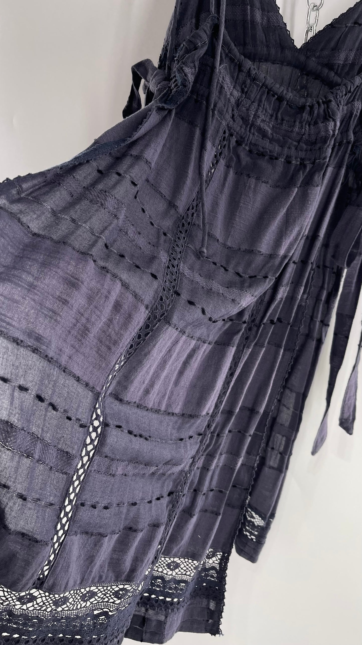 Free People Navy Blue Cotton Lace and Embroidered Open Tie Side Dress (M)