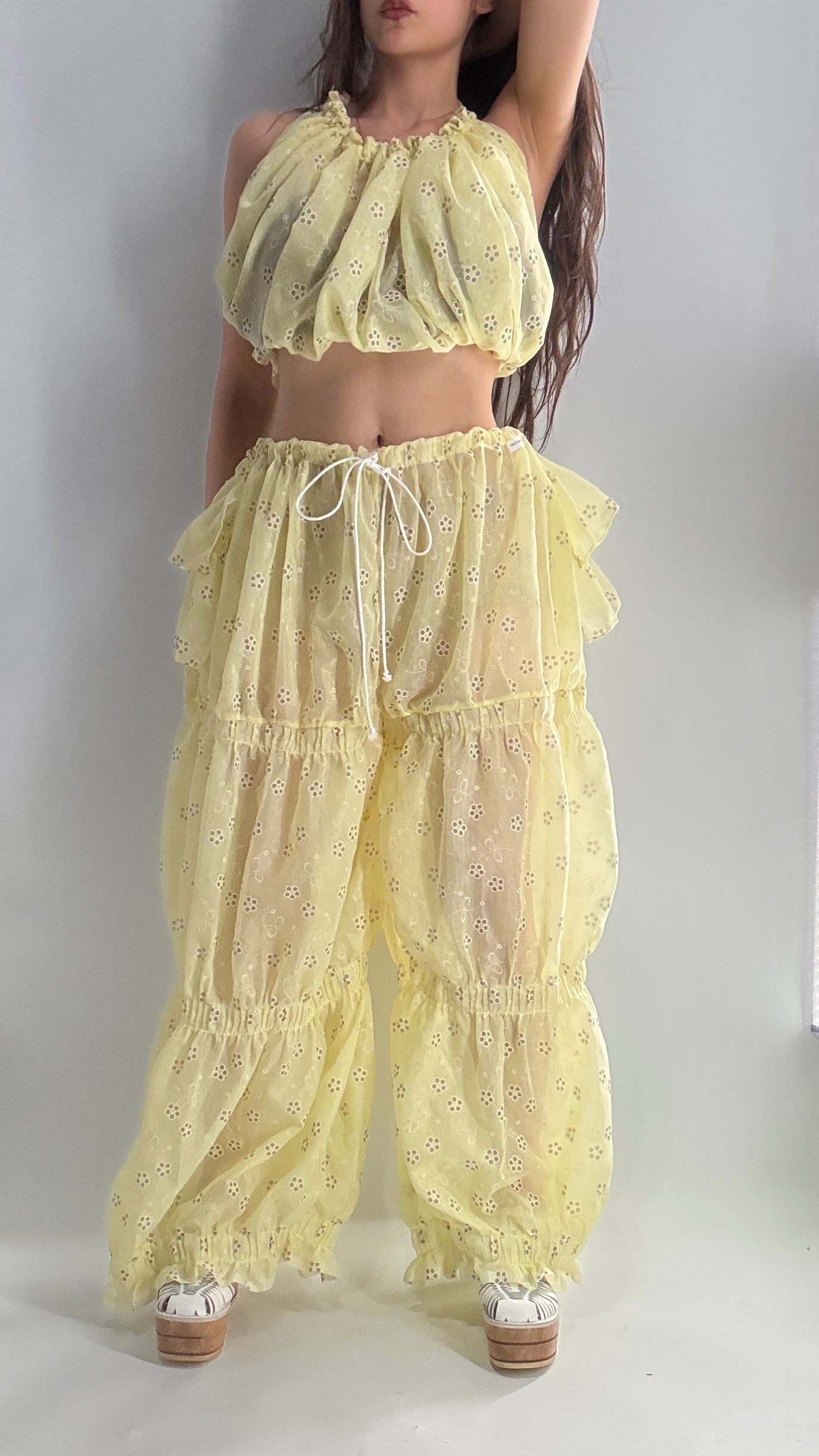Vintage Handmade 2pc Baby Yellow Set with Tiered Pants, Ruffled Bum, and Floral Eyelet Pattern (XS-M)