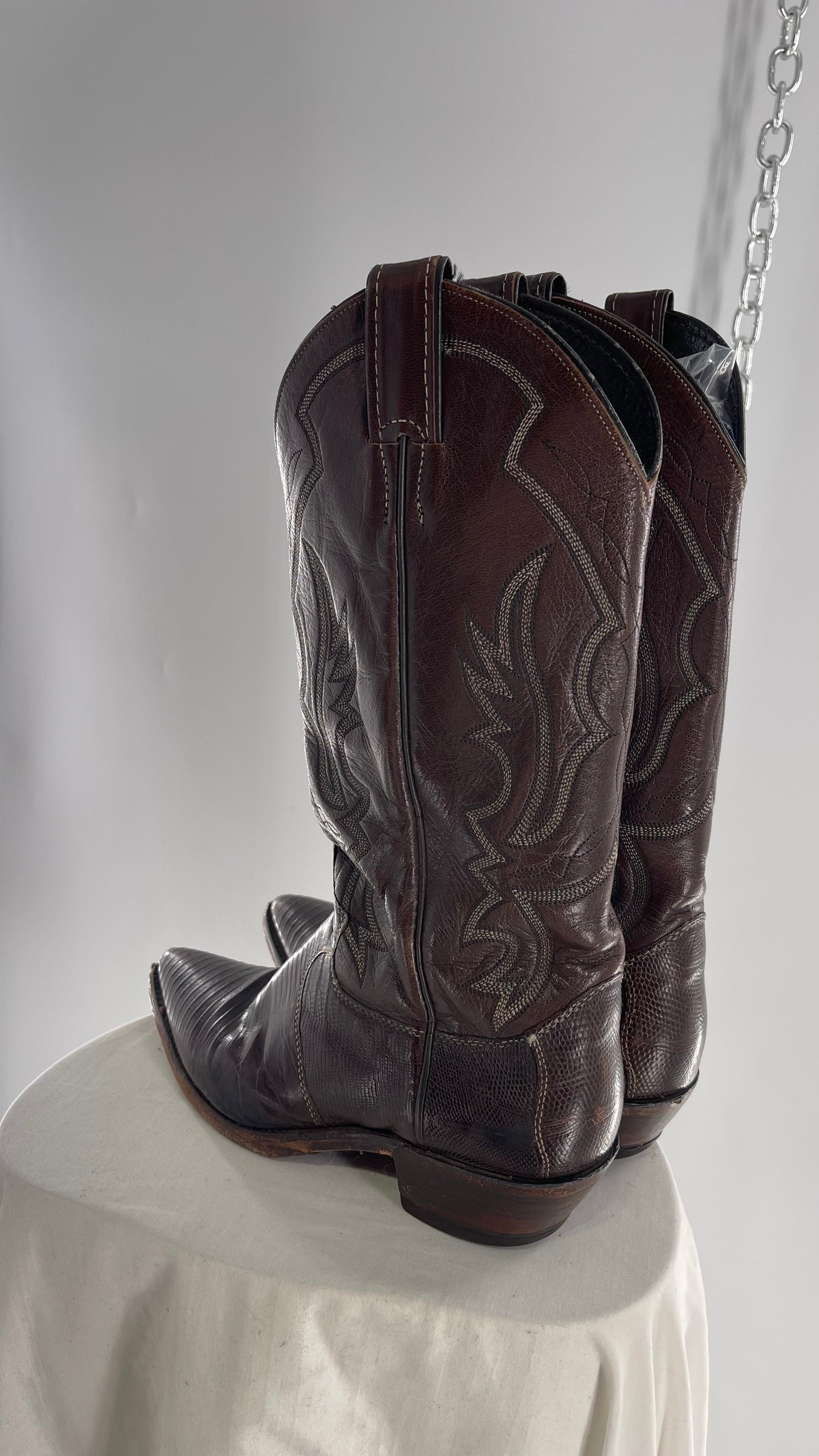 Vintage JUSTIN Dark Brown Leather/Lizard Pointed Toe Cowboy Boots Worn In (7.5)