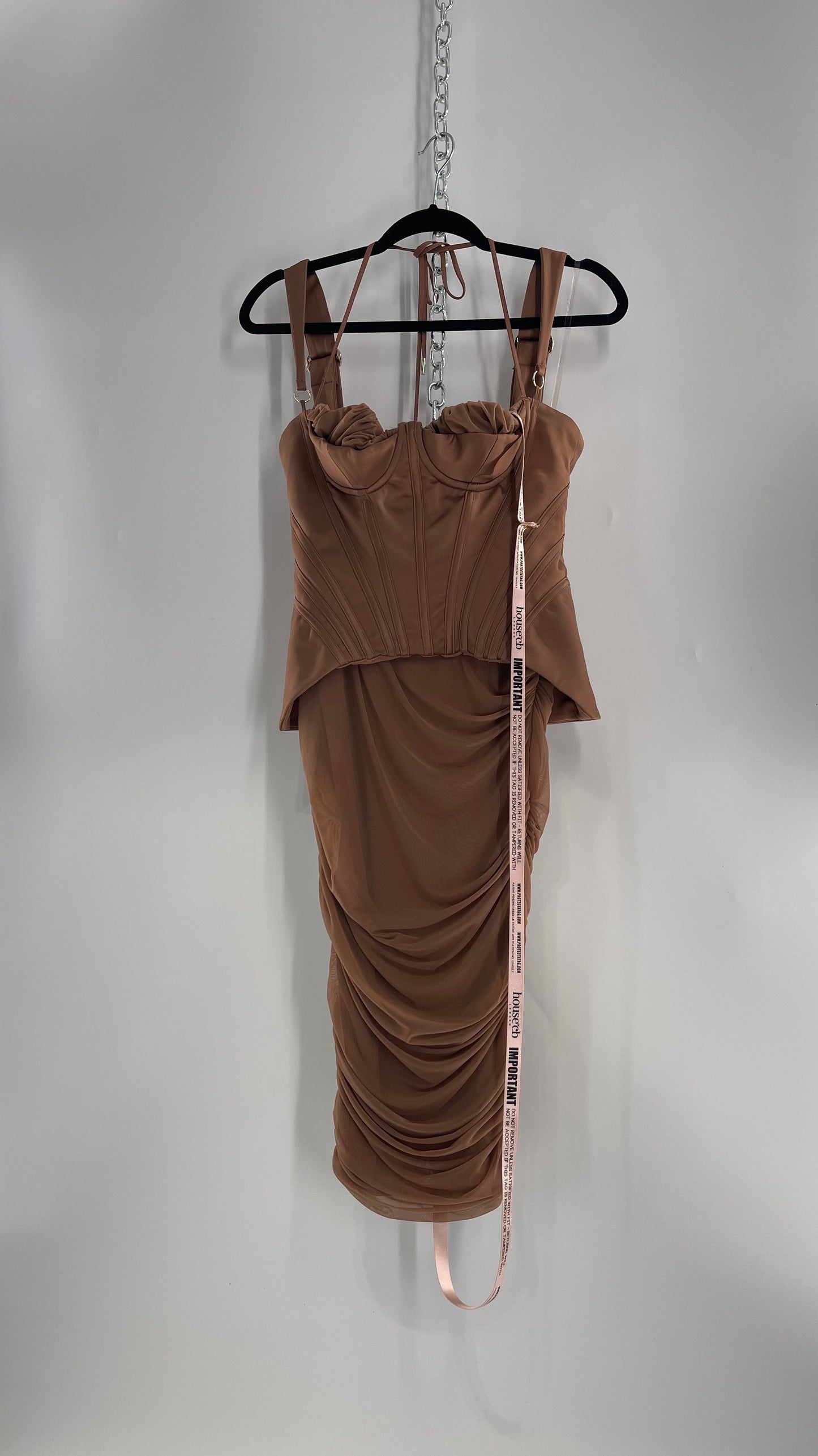 House of CB Talya Toffee Satin Corset Midi Dress with Ruched Skirt (Medium)