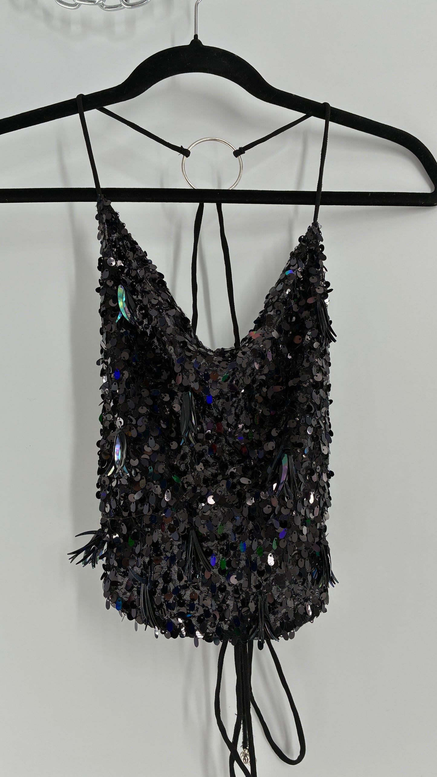Free People Black Open, Tie Up Back Camisole Covered in Sequins with Silver Hoop Details (XS)