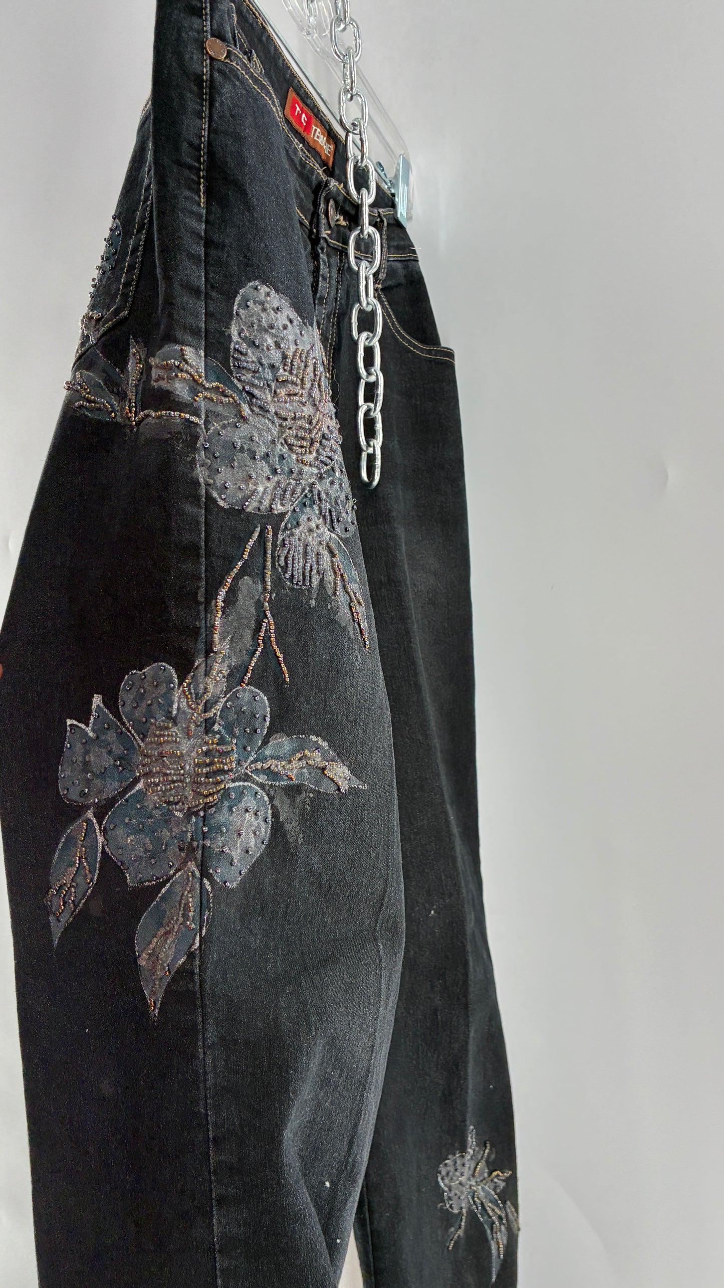 Vintage TEMCHE JEANS Dark Wash Jeans with Painted, Beaded Florals