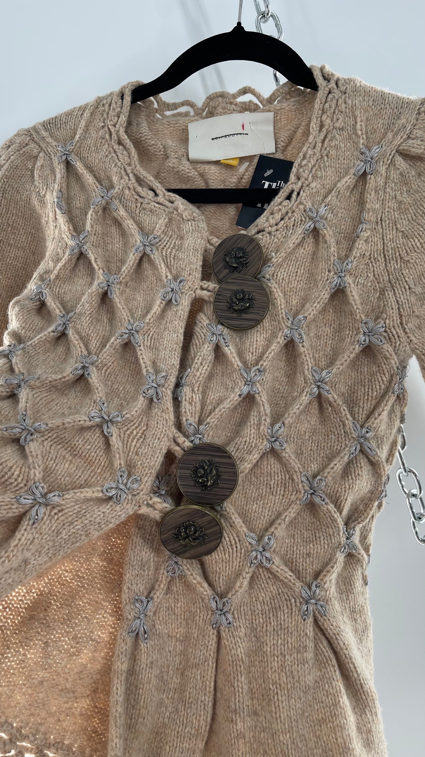 Anthropologie Leifsdottir Knit Argyle Embroidered Sweater with Oversized Statement Buttons (XS)