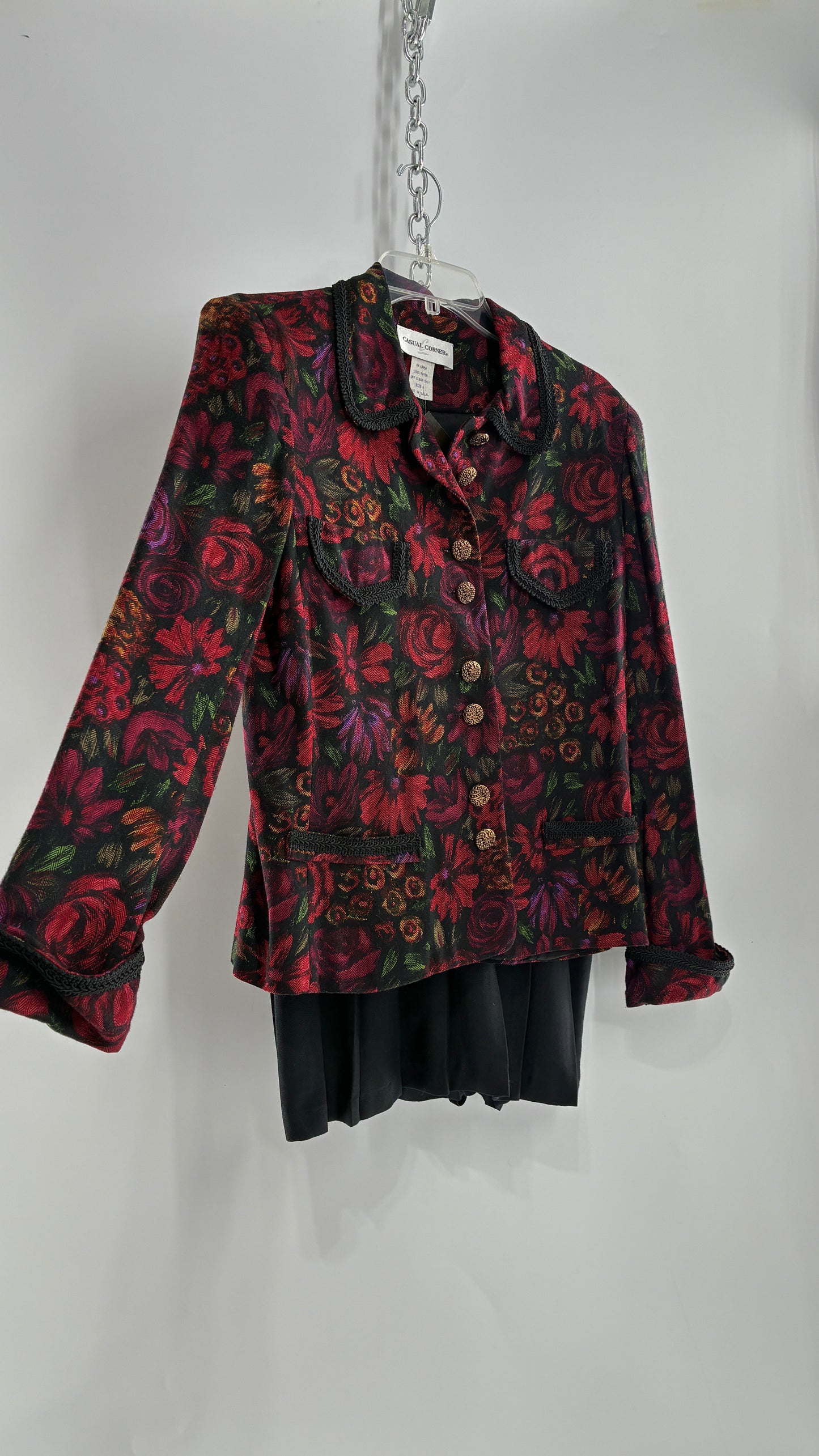Vintage Suit Set with Gold Button, Deep Floral Blazer and Pleated Upcycled Mini Skirt (6)