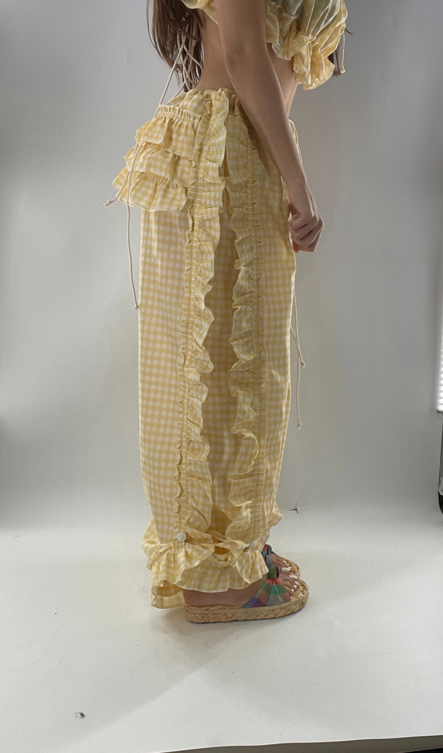 Vintage 2 Piece Yellow Checkered/Gingham Patterned Picnic Set with Ruched Bust Top and Ruffle Side Wide Legs with Adjustable Length, Strap Up Buttons on Hem (One Size)
