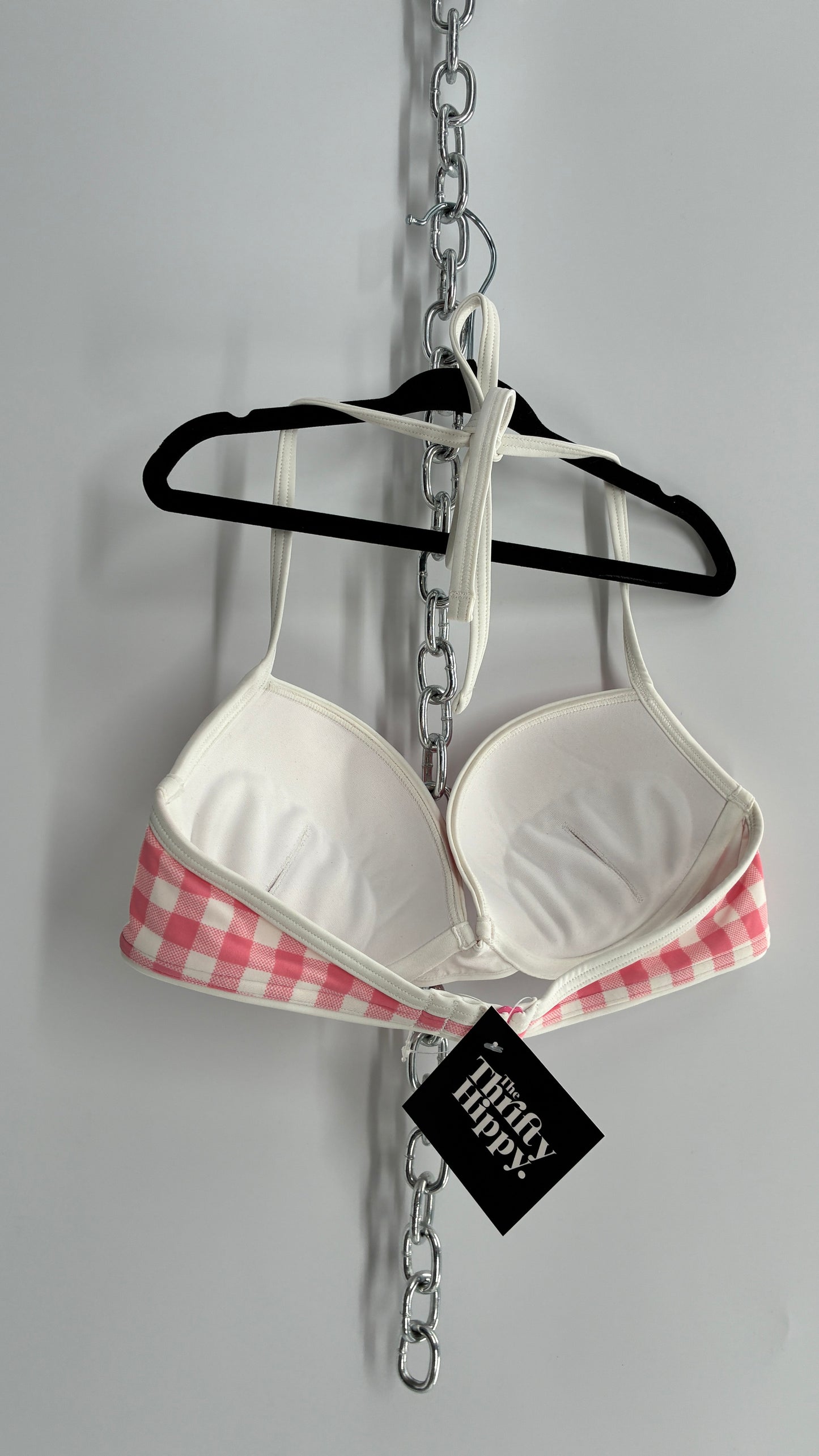 AERIE White and Pink Gingham Underwire Halter Swim Top (32B)