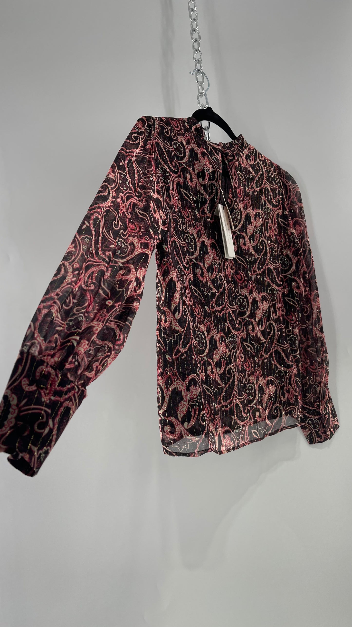Kachel 95% Silk Black Paisley Blouse with Gold Tinsel Bessie Anthropologie (6)