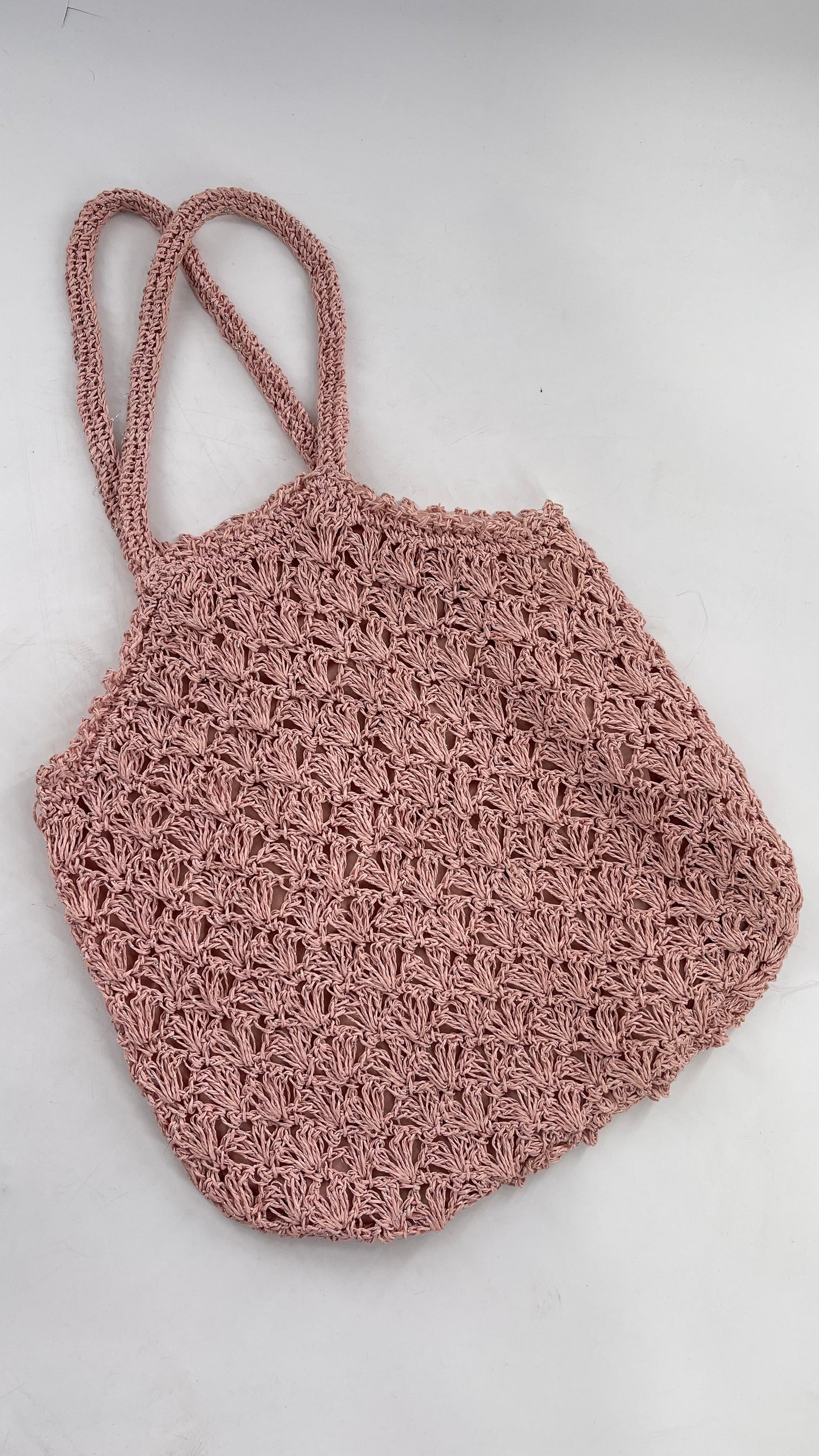 Urban Outfitters Baby Pink Straw Tote Bag with Silver Tinsel