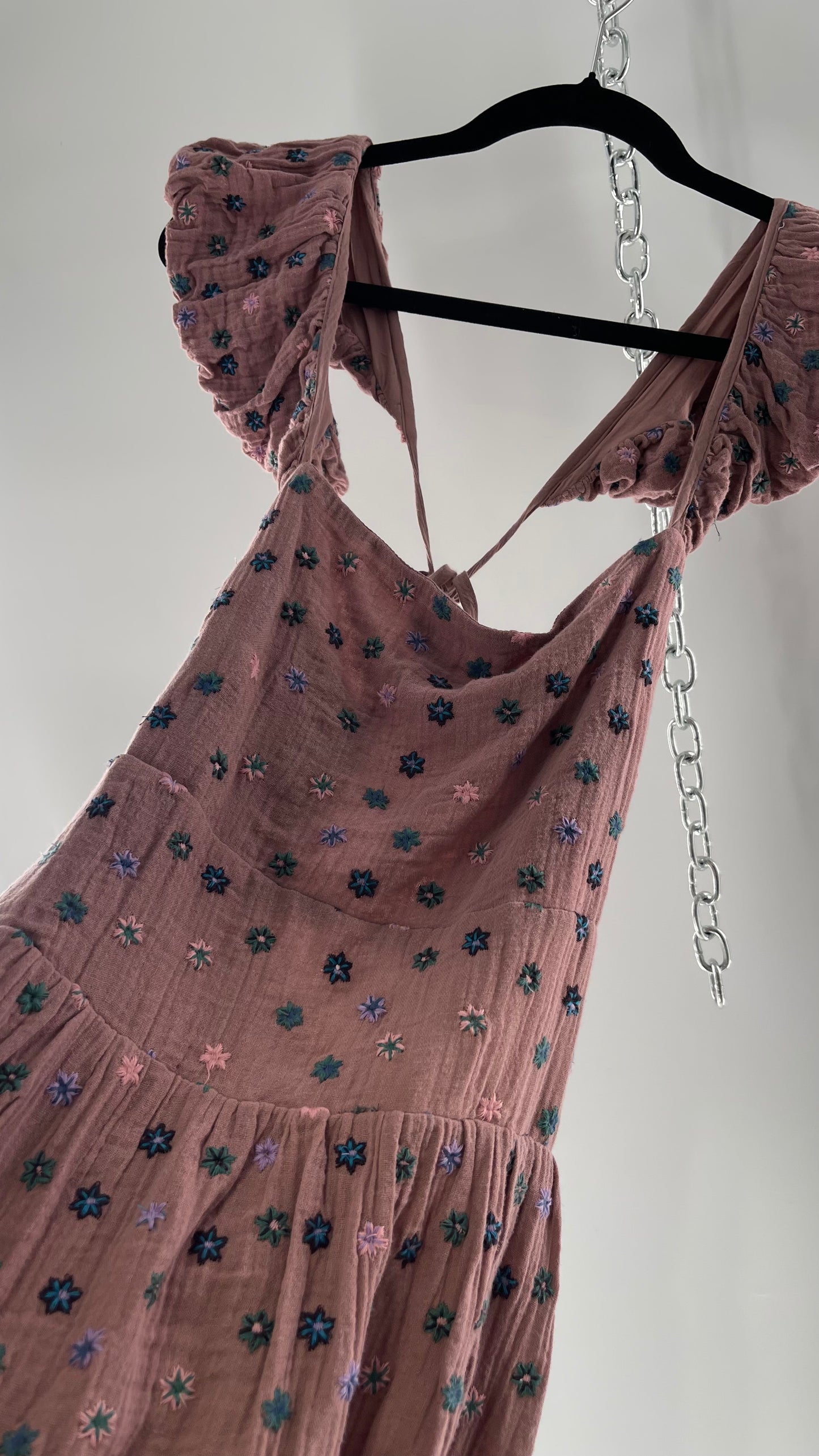 Free People Dusty Pink Embroidered Flowers Backless Mini Dress (Small)