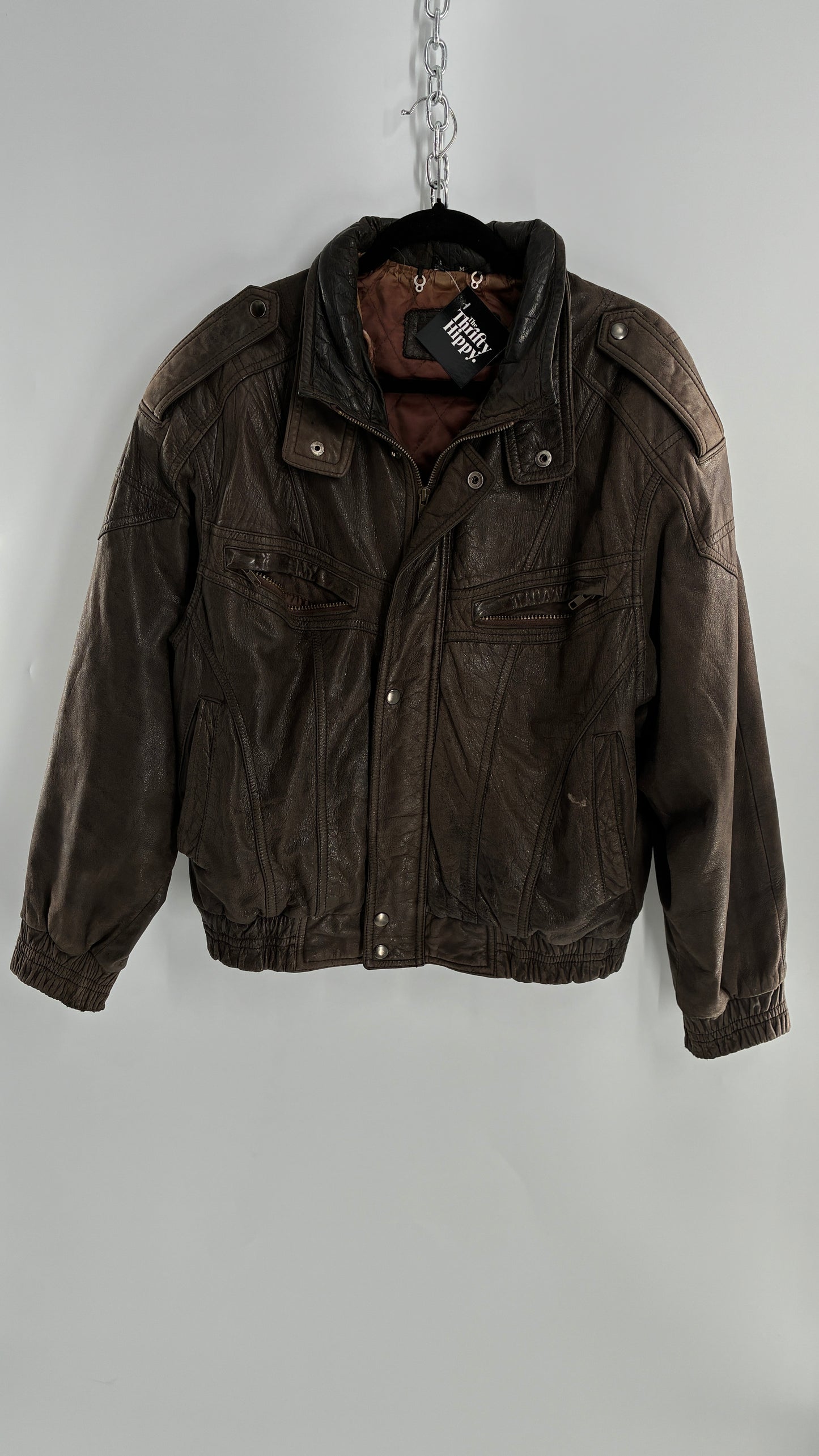Vintage SAXONY Distressed Leather Bomber Jacket (Medium)