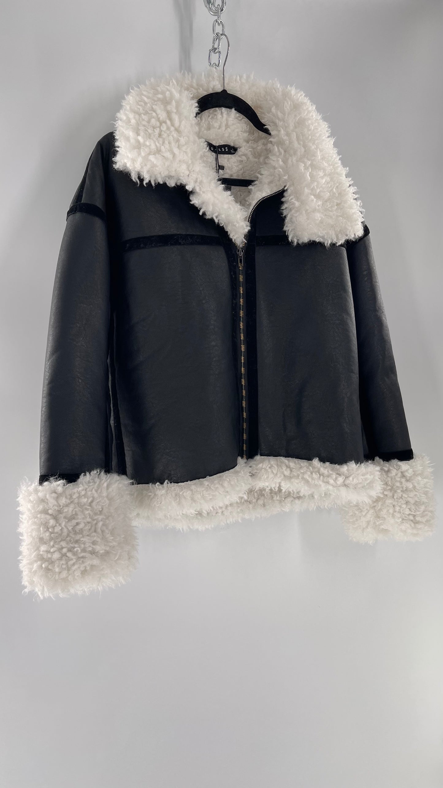 LIONESS Phoenix Jacket Black Faux Leather White Fur Trim (Large)