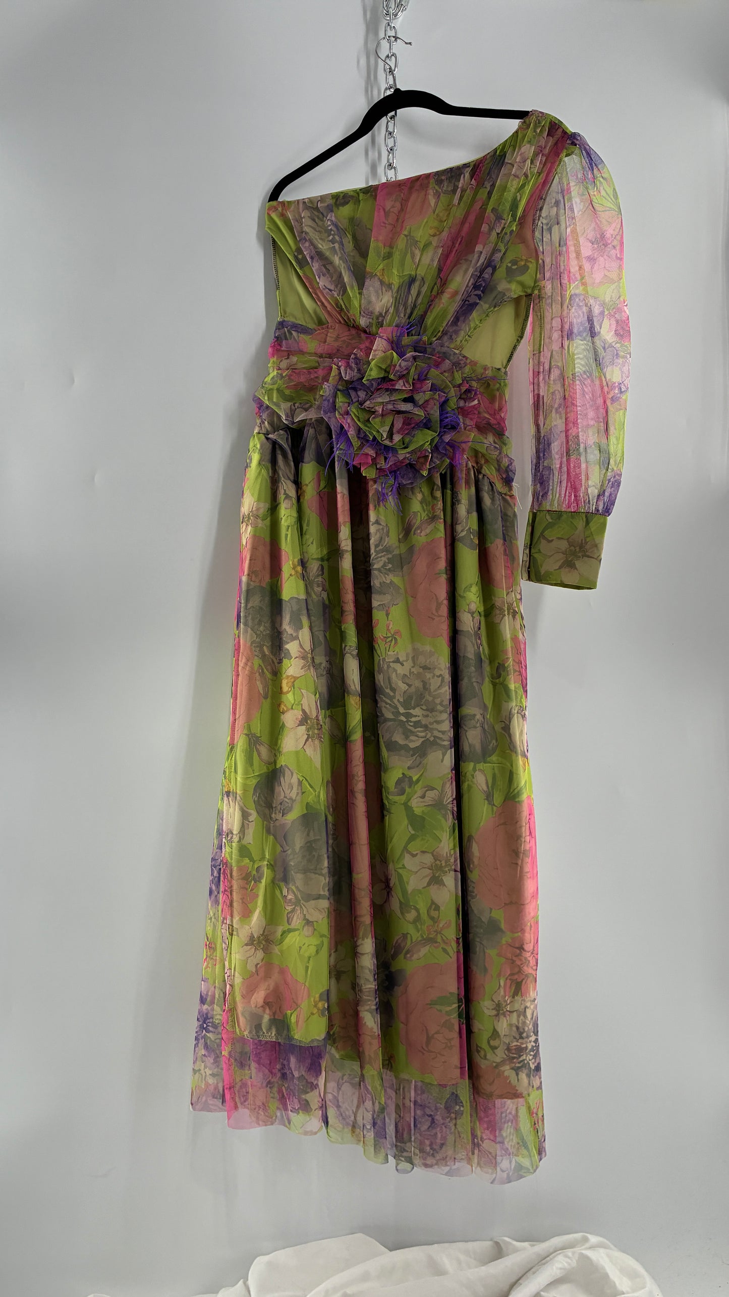 Vintage Open Waist Gown with Oversized Feathered Appliqué Rosette (Large)
